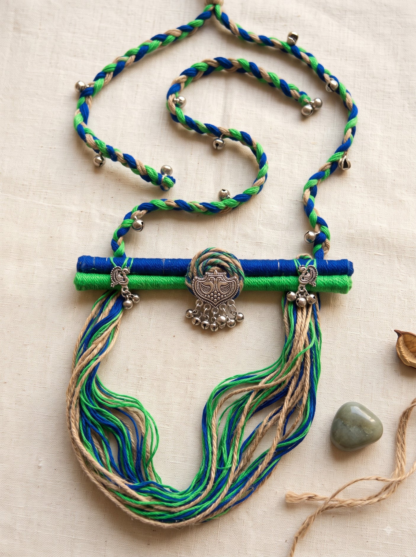 Blue Green & Beige Braided Cord Necklace with Oxidised Silver Peacock Pendant