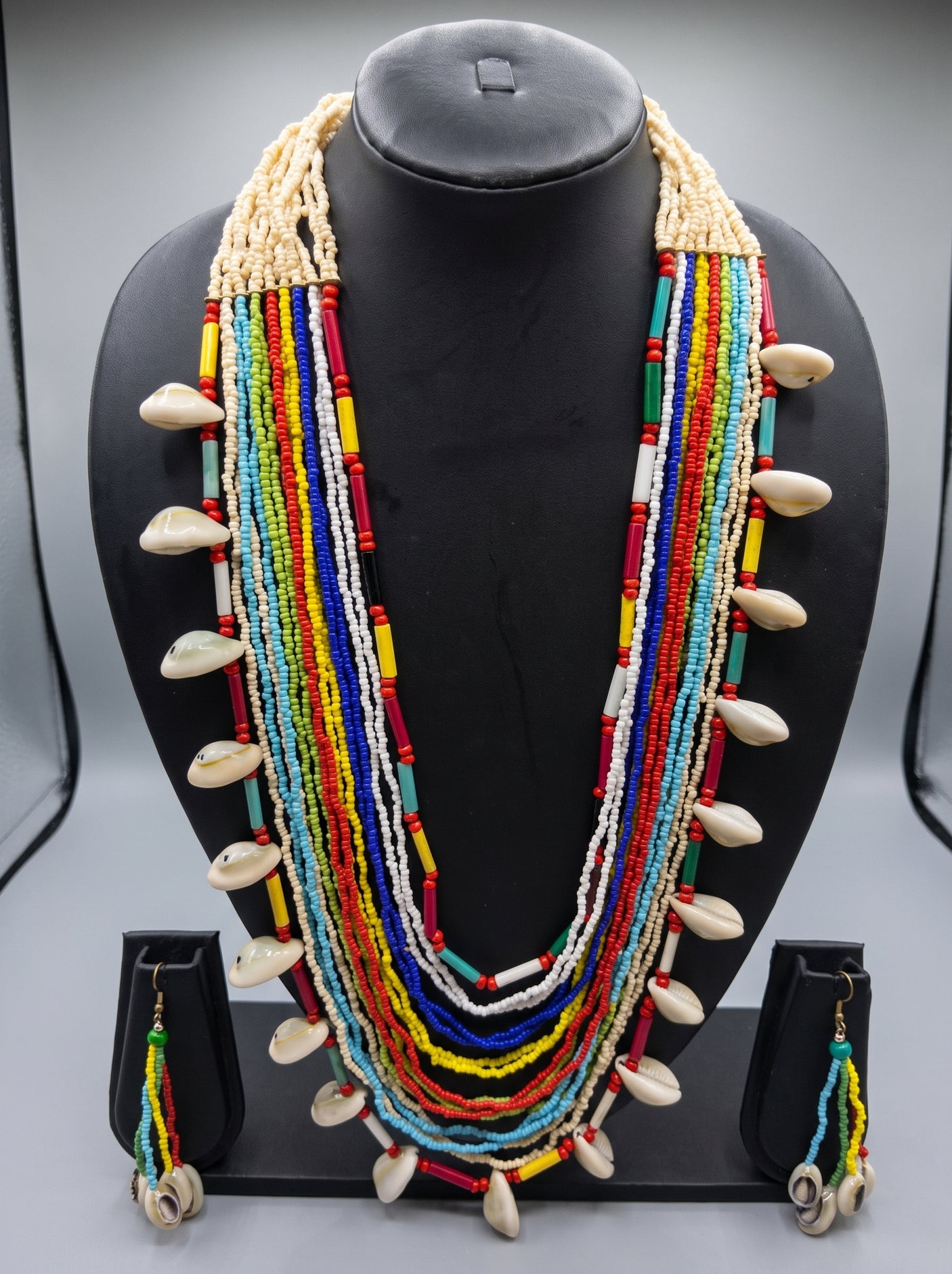Multi-Color Beads Hand Braided Boho Necklace Set with Cowrie Shells