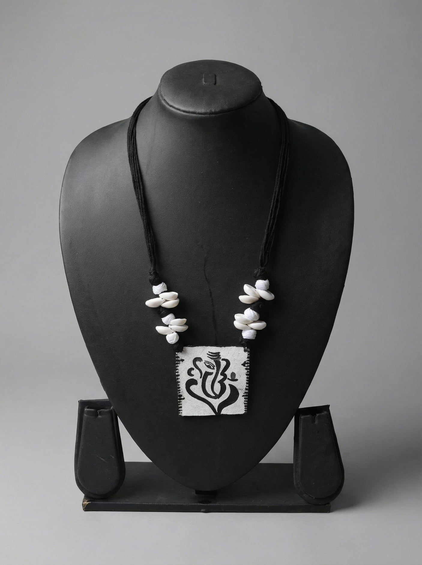 White and Black Ganesha Hand Painted Fabric Necklace