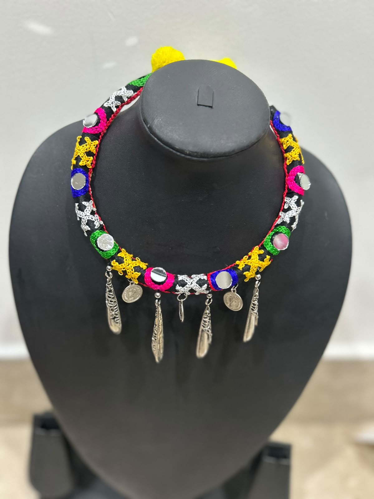 Intricately Hand Embroidered Multi-Color Mirror and Fabric Choker Necklace with Metal Accents