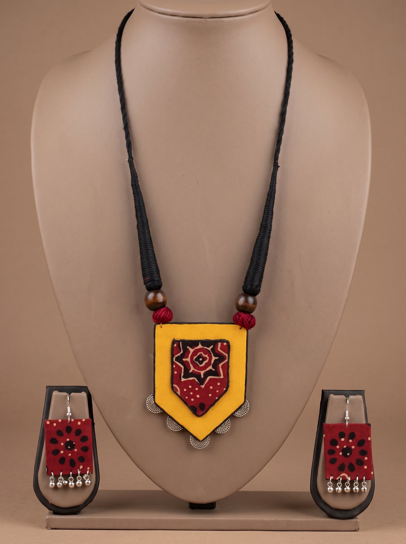 Yellow and Red Ajrakh Print Shield Pendant Necklace Set