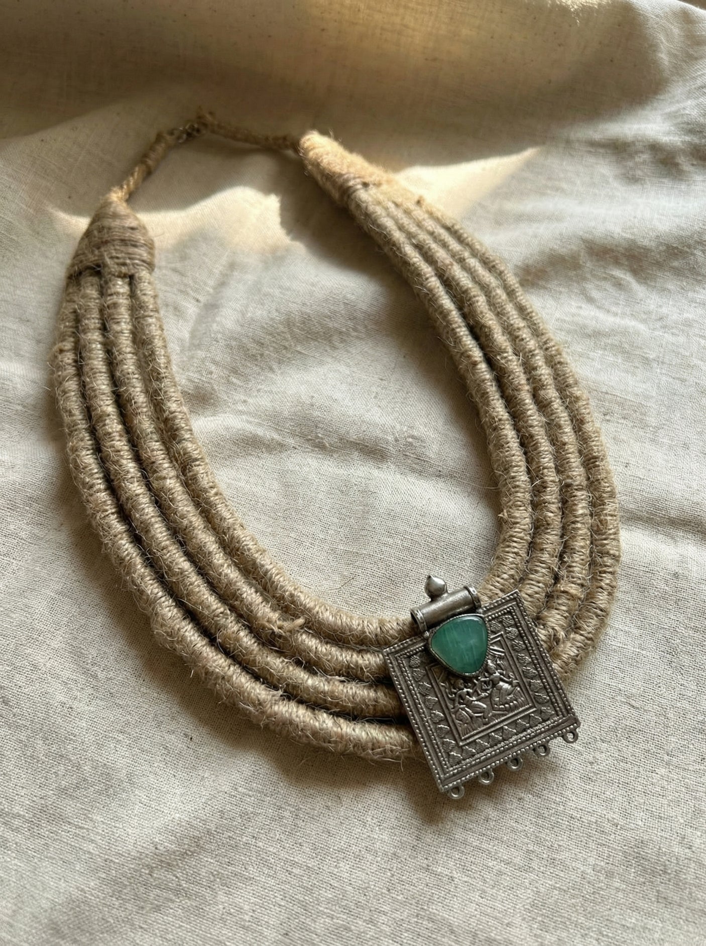 Tribal Whisper — Jute & Silver Pendant Necklace