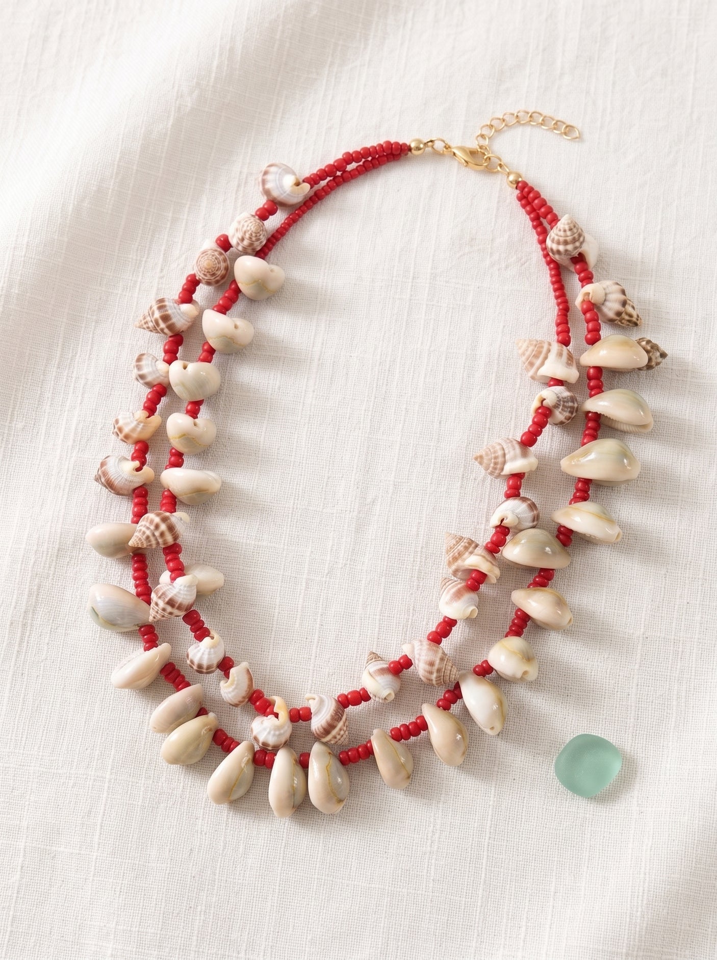 Handmade Beach Shell Necklace with Red Seed Beads