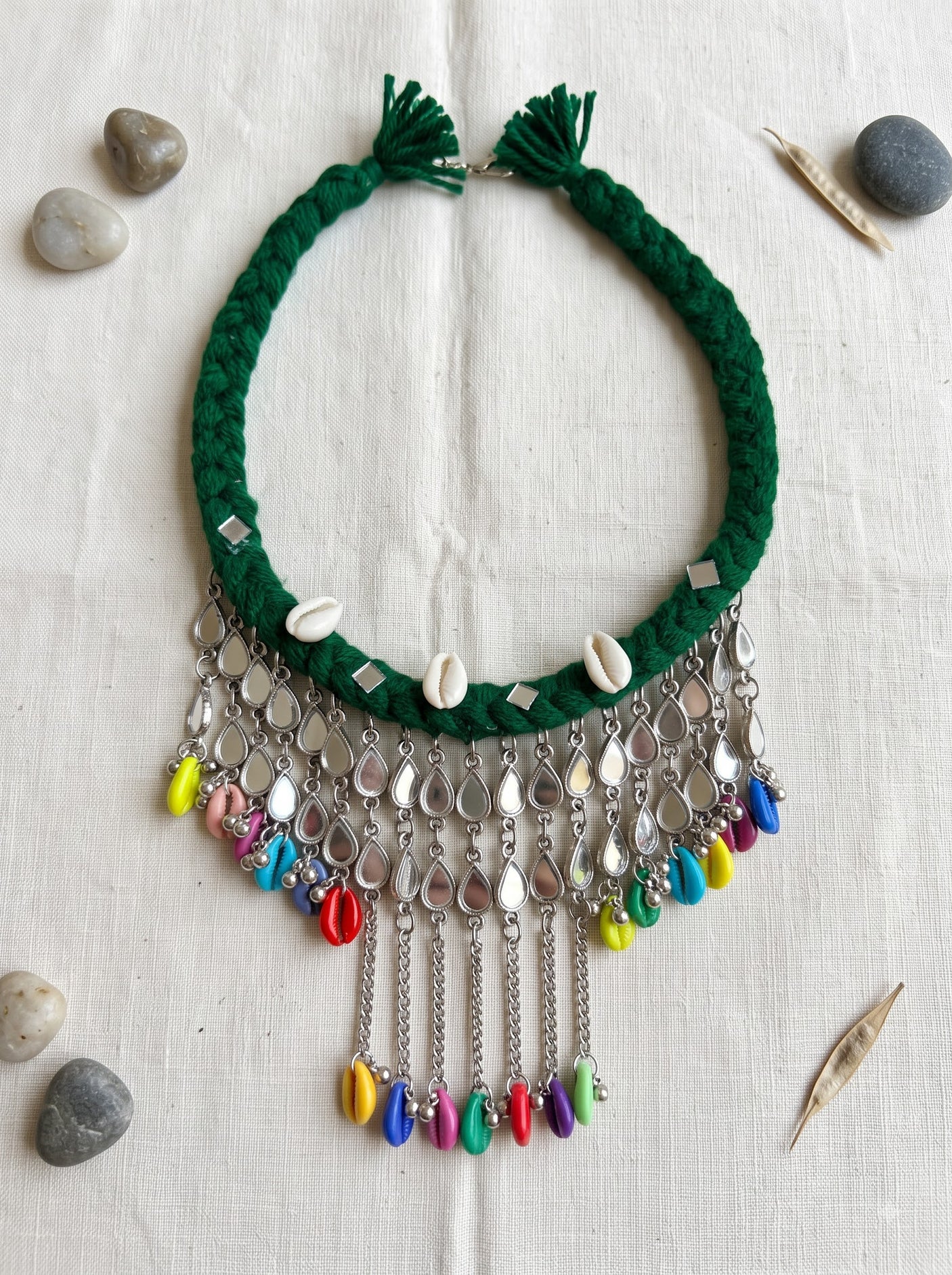 Bottle Green Braided Cord Bib with Mirror Teardrop Chain Choker Necklace