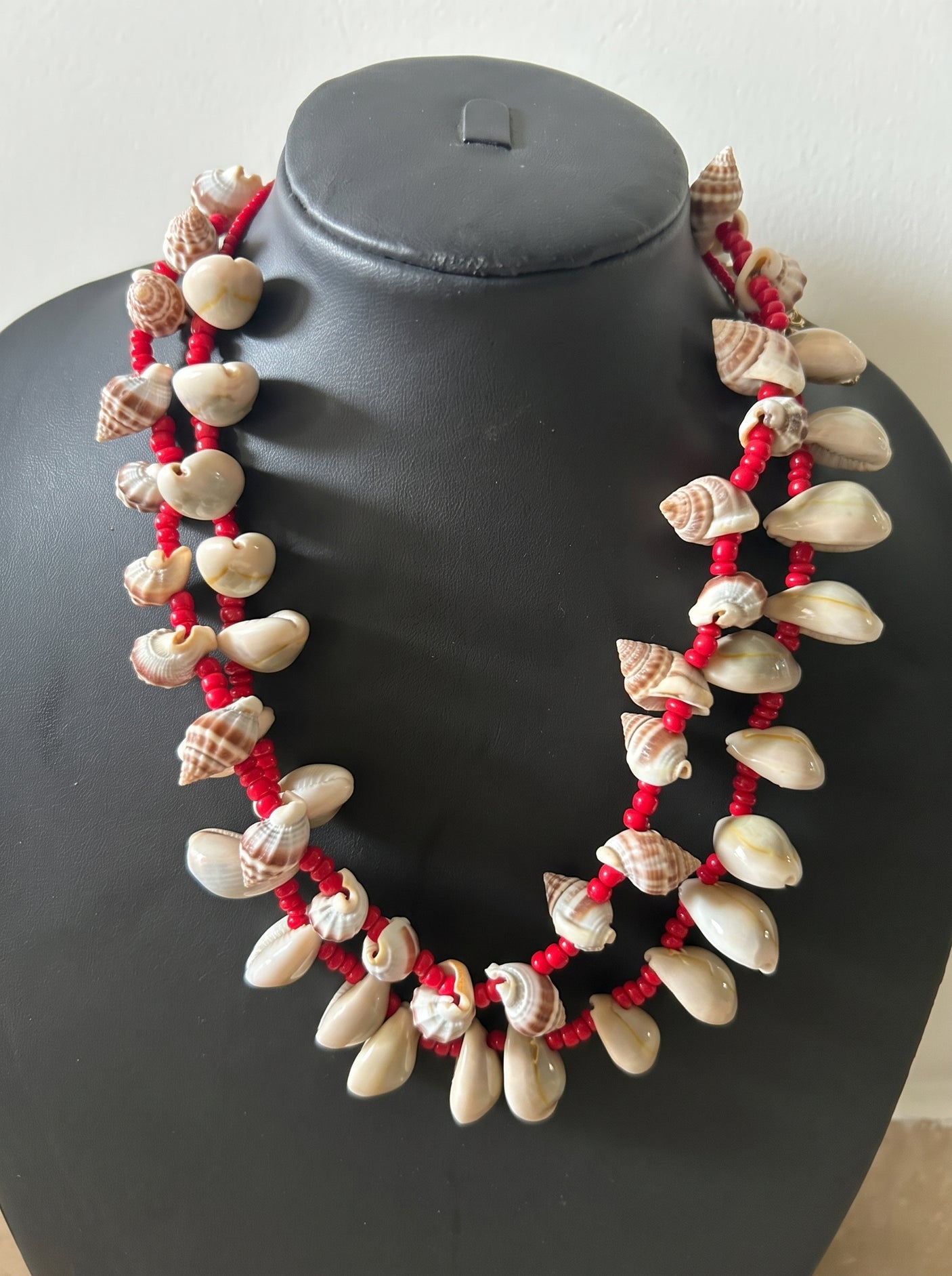 Handmade Beach Shell Necklace with Red Seed Beads
