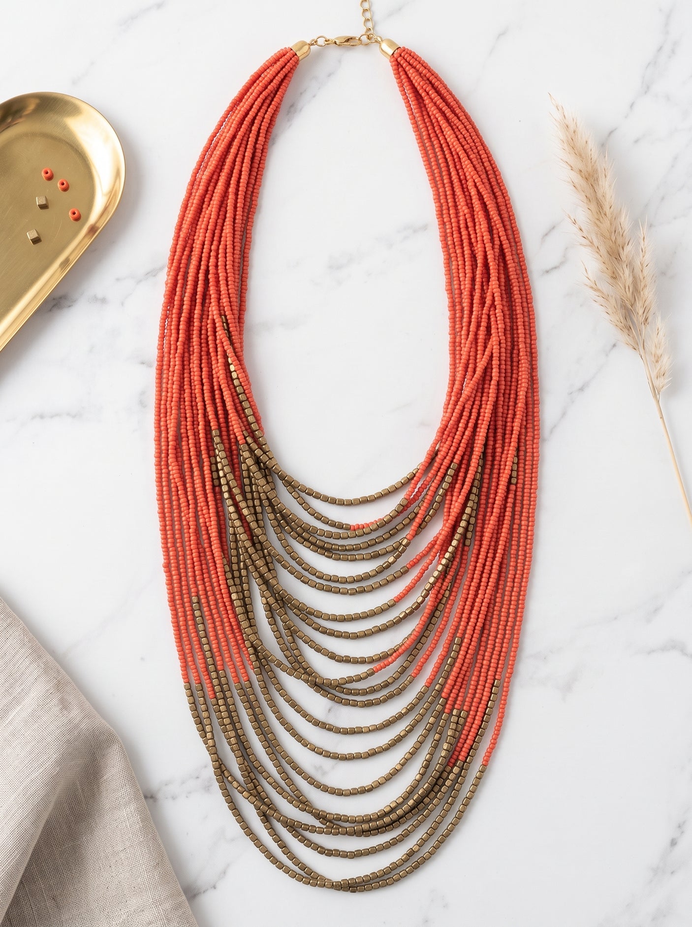 Orange and Bronze Beads Multi-Layer Statement Boho Necklace