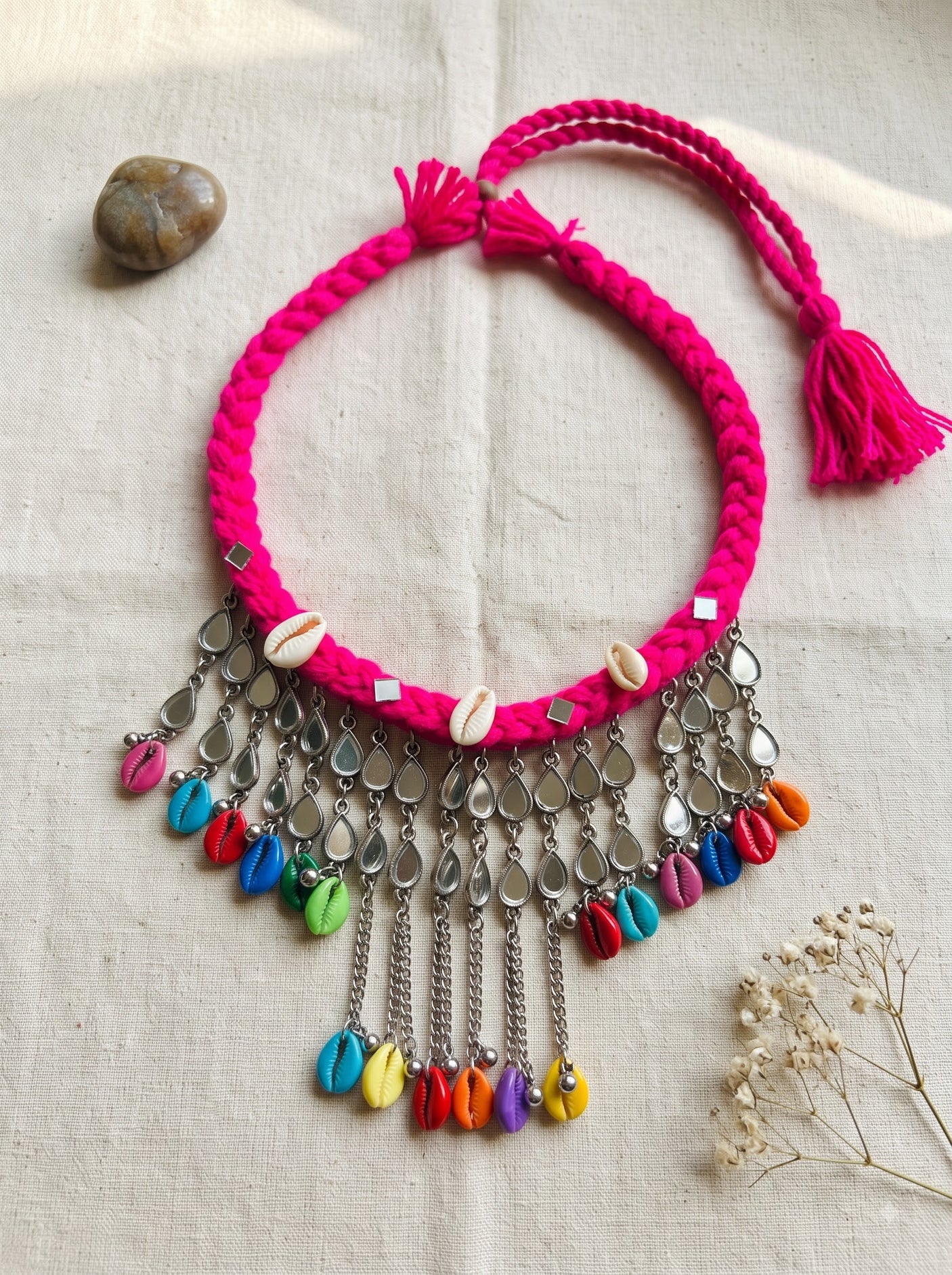 Hot Pink Braided Cord Bib with Mirror Teardrop Chain Choker Necklace