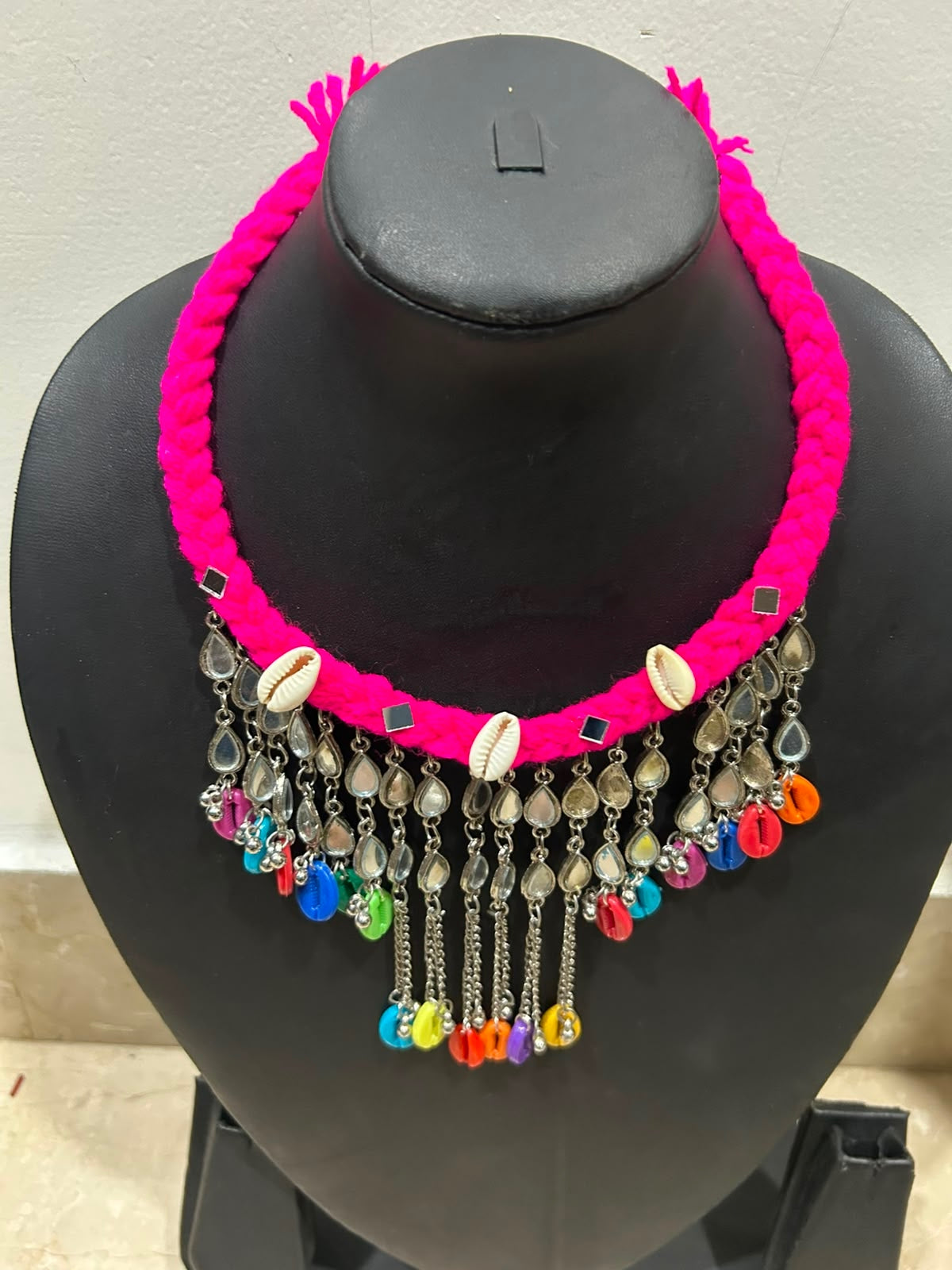 Hot Pink Braided Cord Bib with Mirror Teardrop Chain Choker Necklace