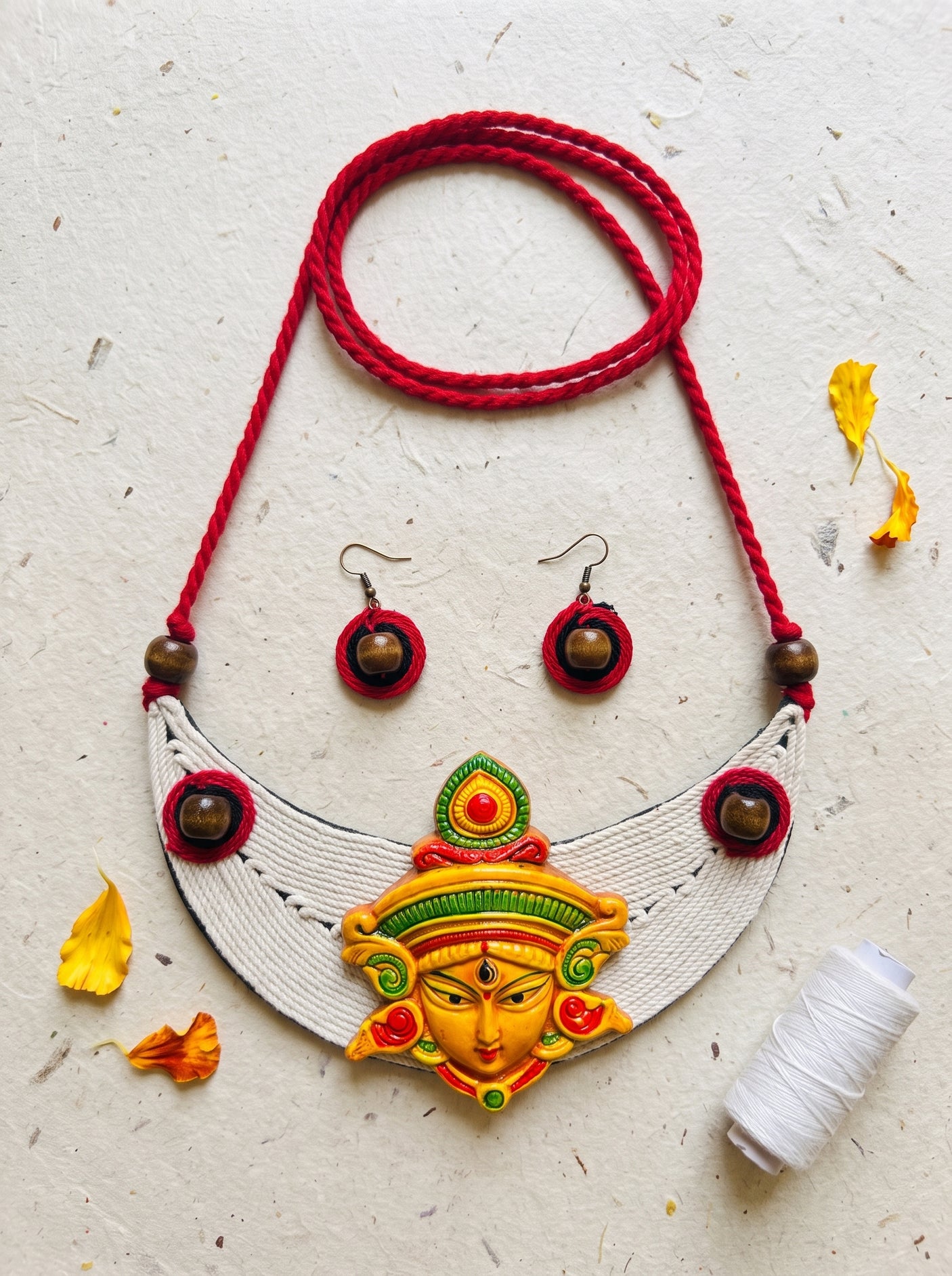 Hand-Painted Devi Face Macrame and Terracotta Clay Necklace