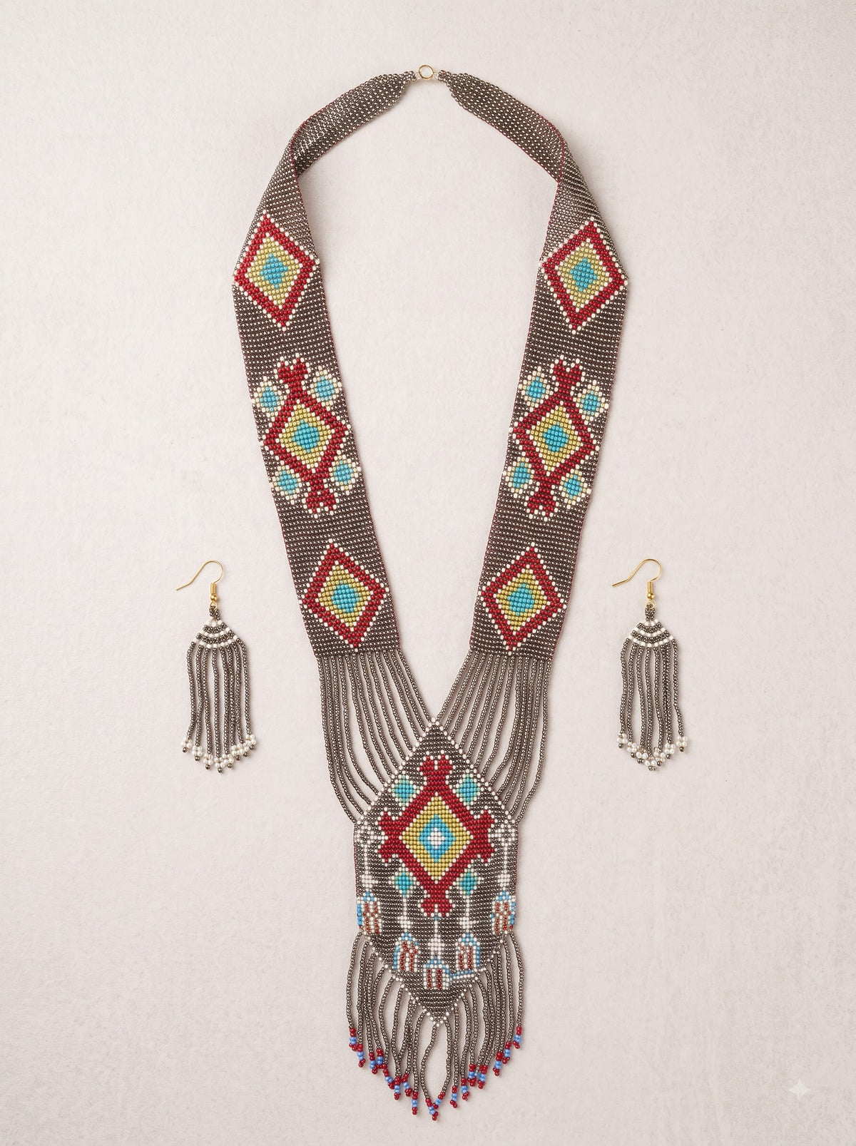 Grey and Red Hand Beaded Long Necklace Set
