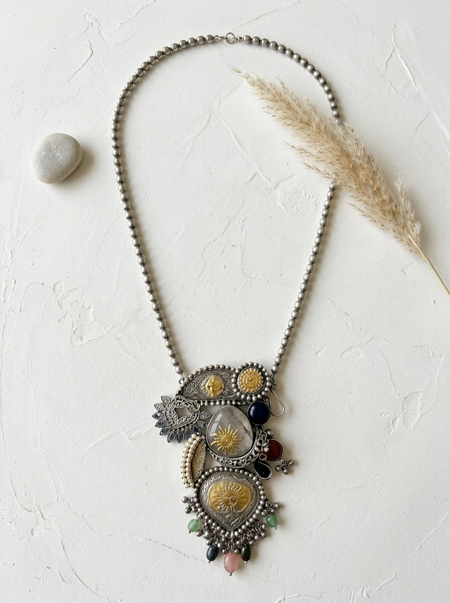 Antique Silver & Gold Mixed Element Heirloom Collage Pendant Long Necklace