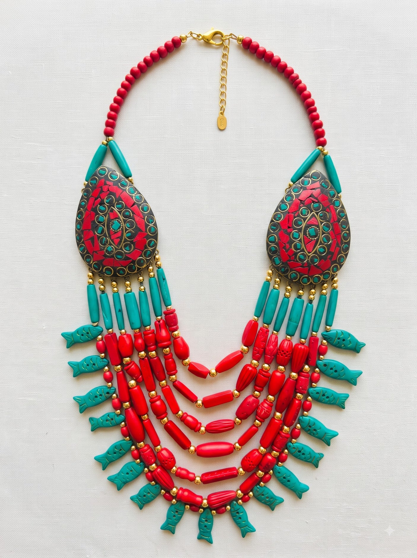 Turquoise and Red Bone Beads Quirky Statement Necklace