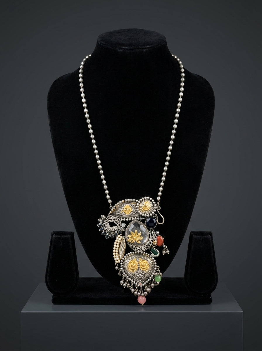 Antique Silver & Gold Mixed Element Heirloom Collage Pendant Long Necklace