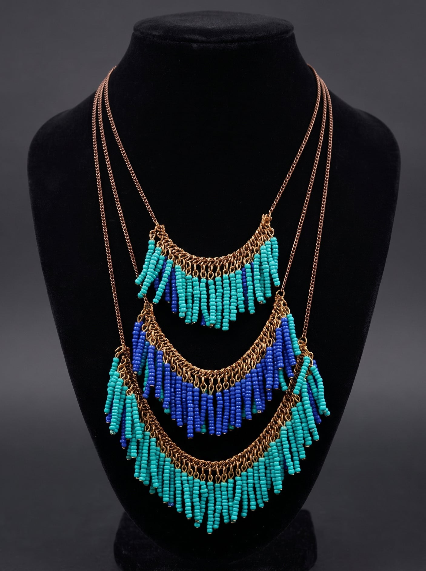 3 Layer Blue Beads and Chain Boho Necklace
