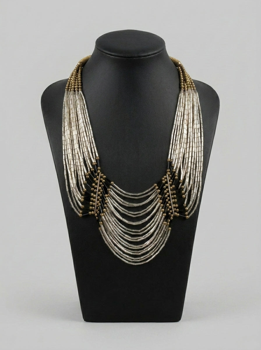 Elegant Beaded Bronze and Silver Handmade Necklace
