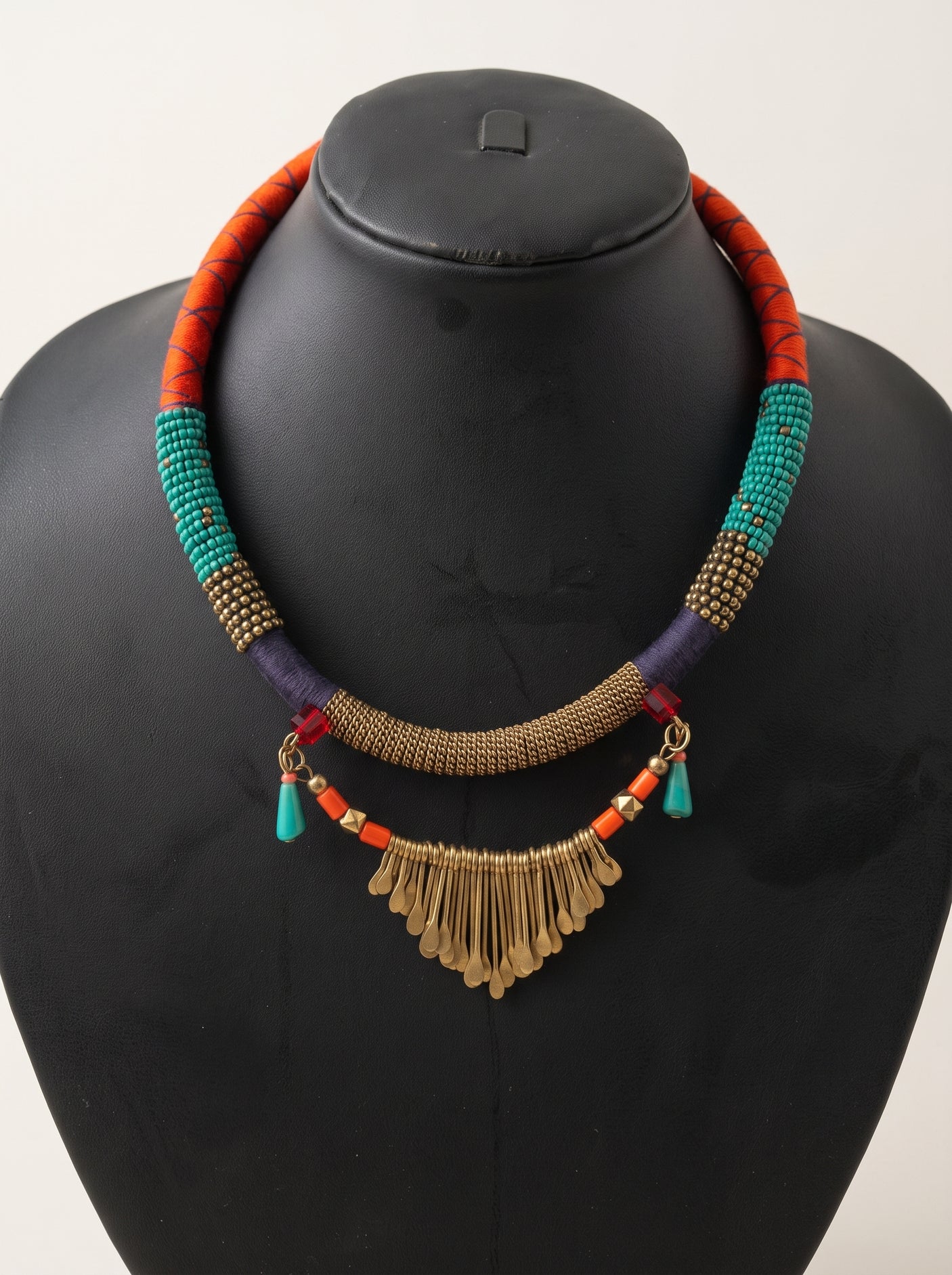 Orange & Turquoise Tribal Bib Necklace with Brass Fringe