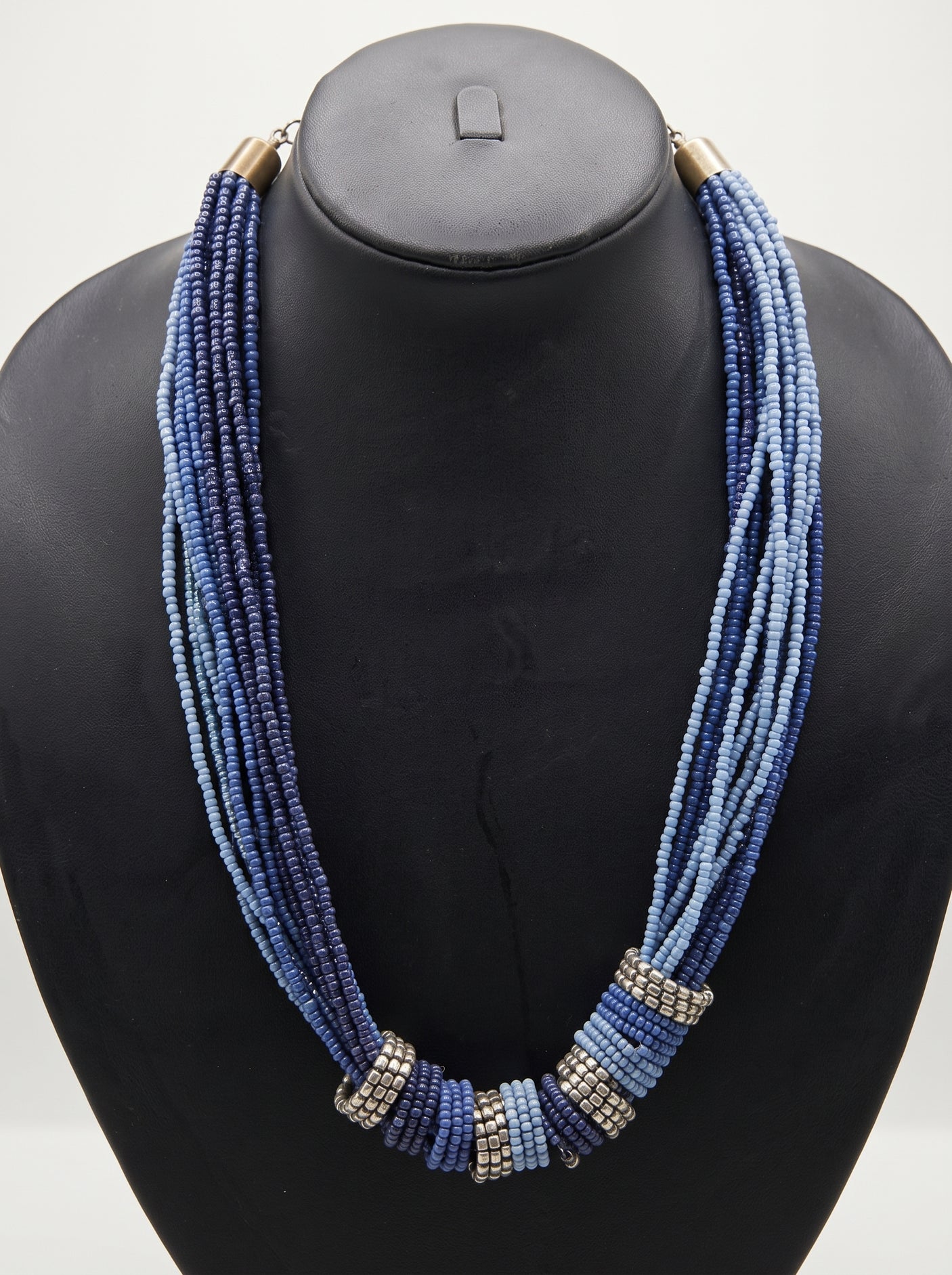 Shades of Blue and Silver Handmade Long Beaded Necklace