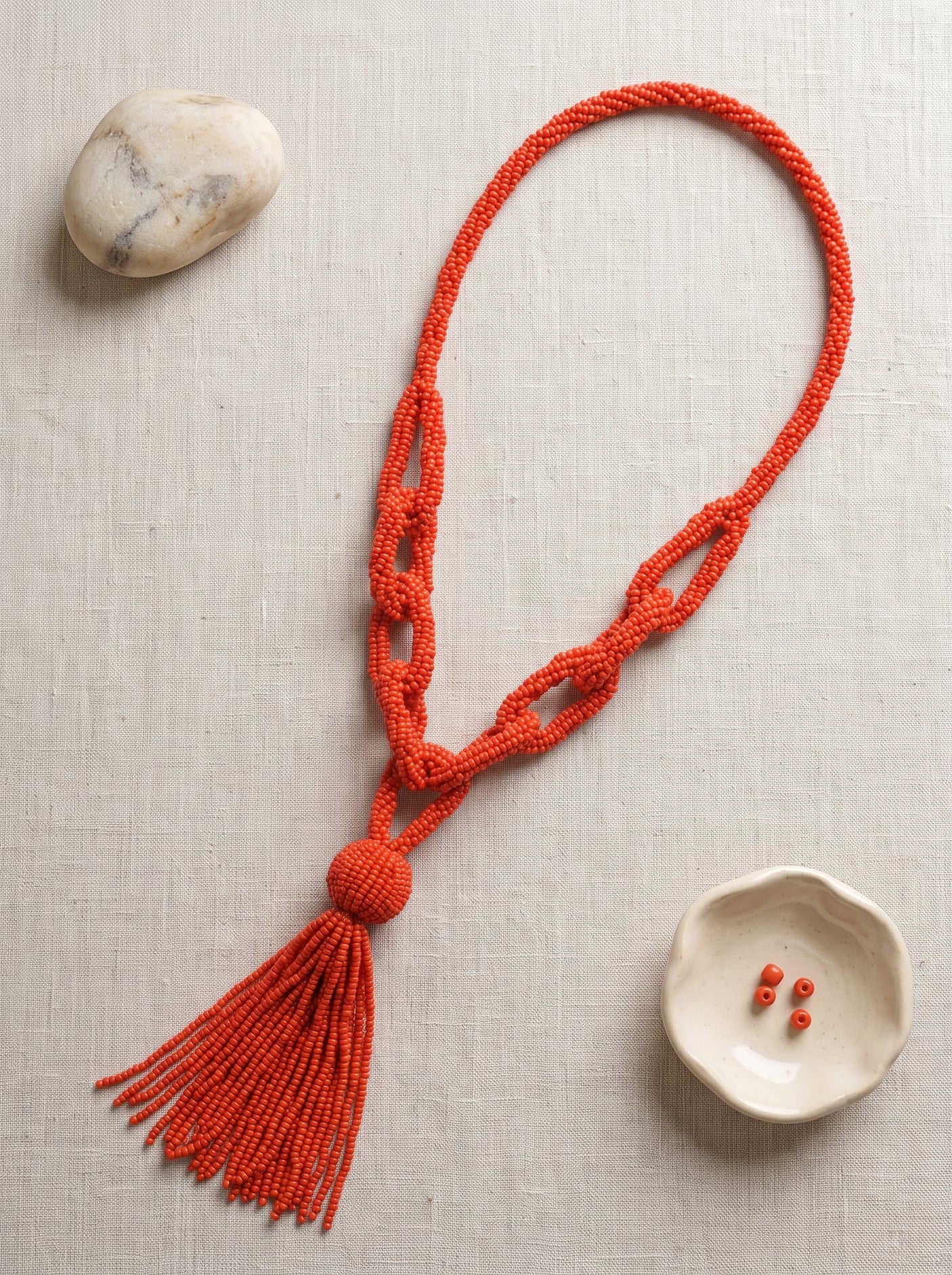 Orange Seed Beads Link Chain Long Necklace