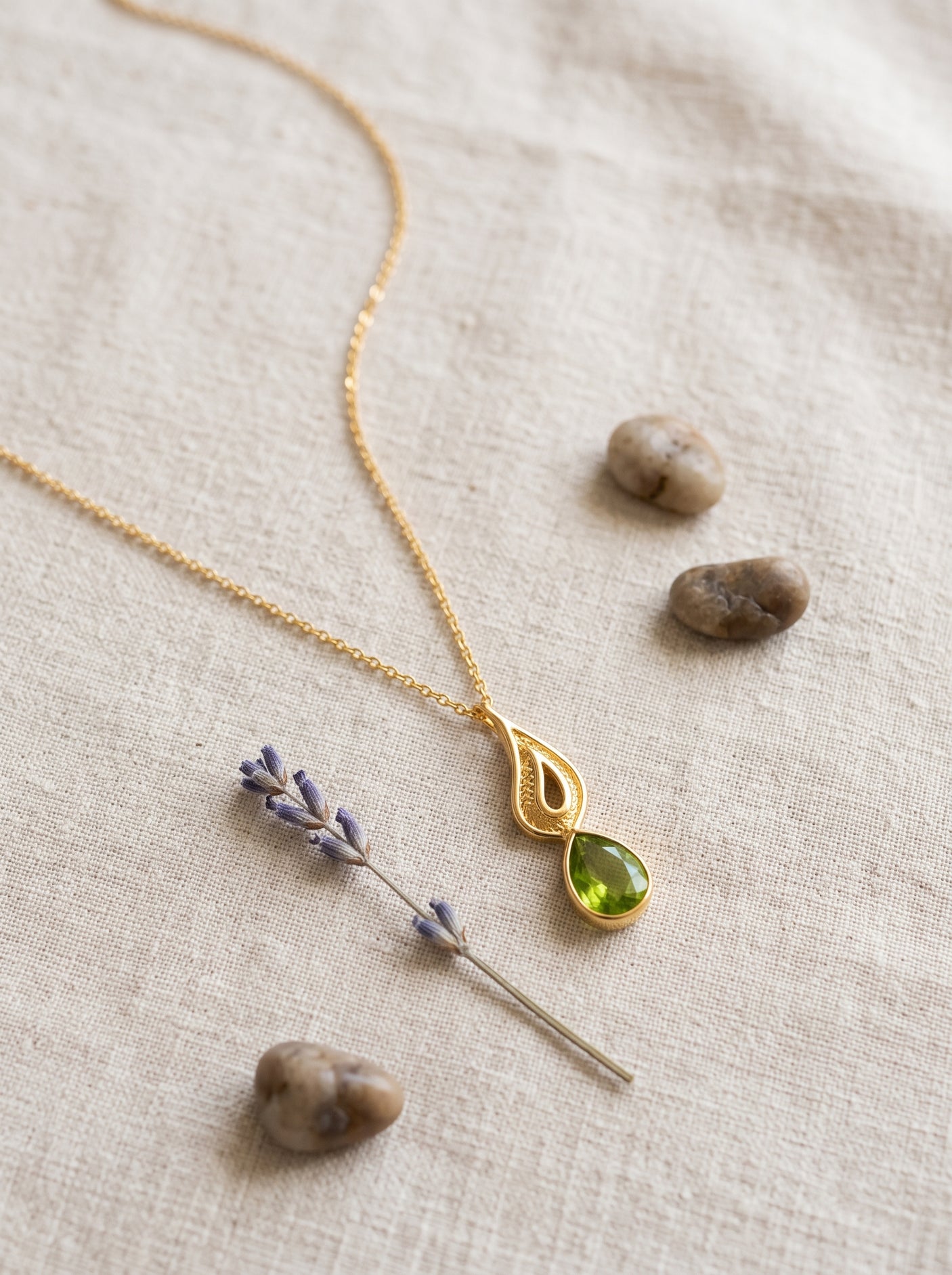 Nature Inspired Gold Pendant Necklace with Green Crystal