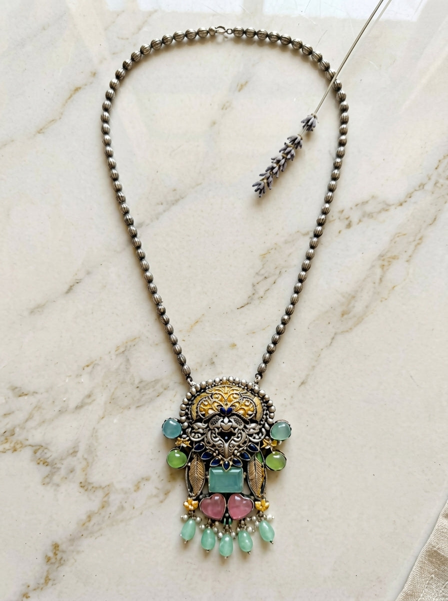 Dual Tone Mughal Filigree Multi-Gemstone Pendant Necklace on Silver Bead Chain