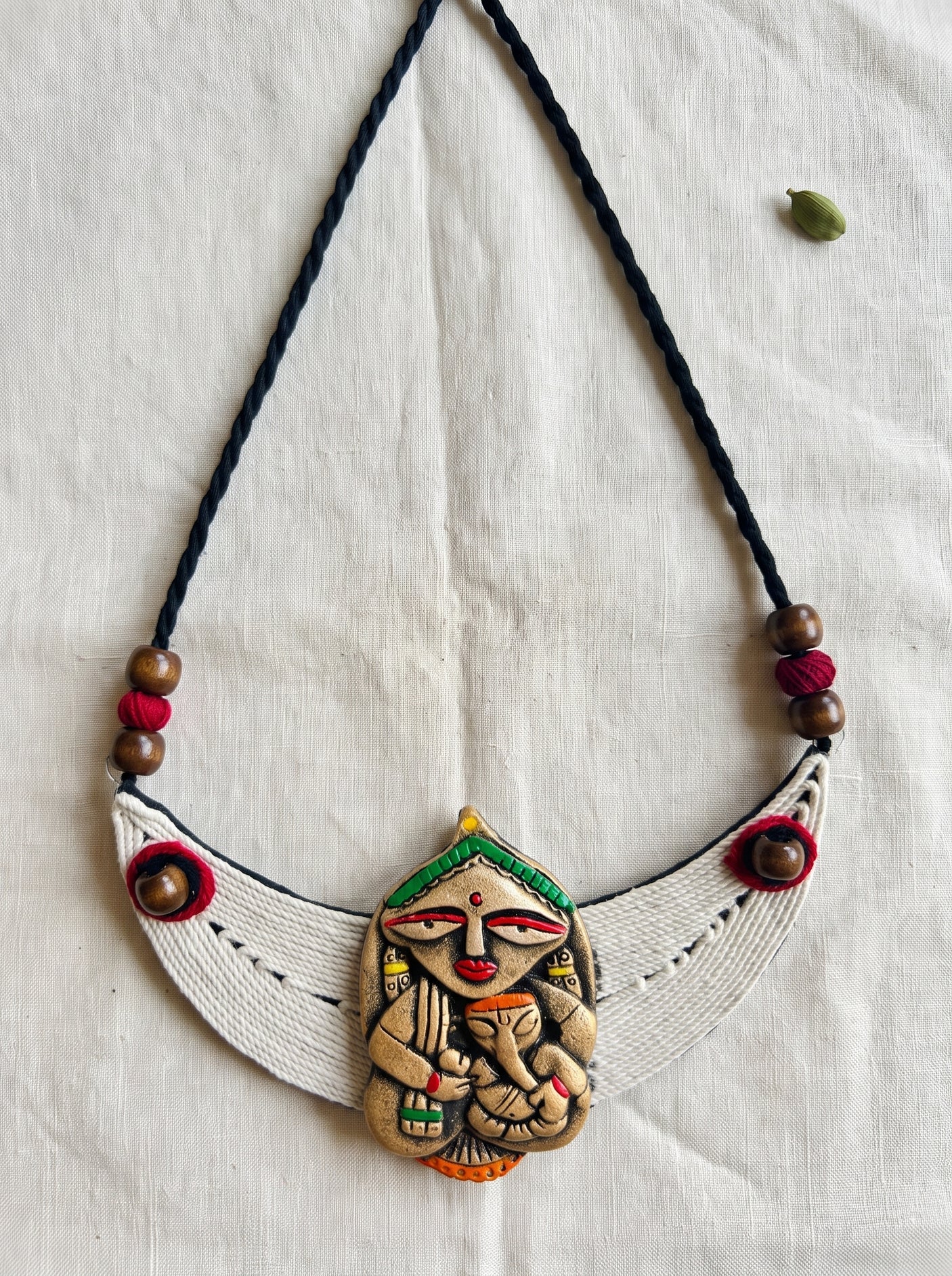 Folk Art Tribal Woman Face Macrame and Terracotta Clay Handmade Necklace