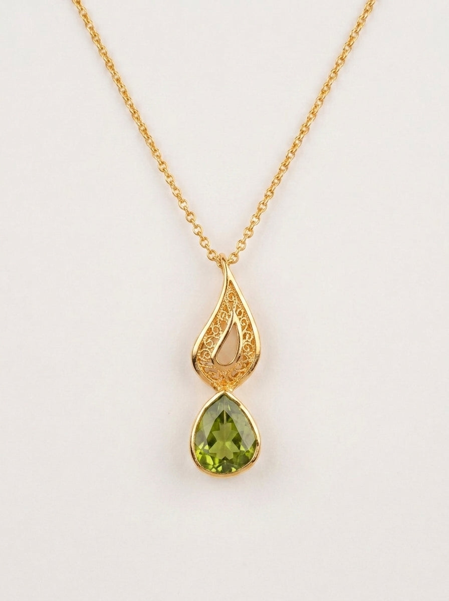 Nature Inspired Gold Pendant Necklace with Green Crystal
