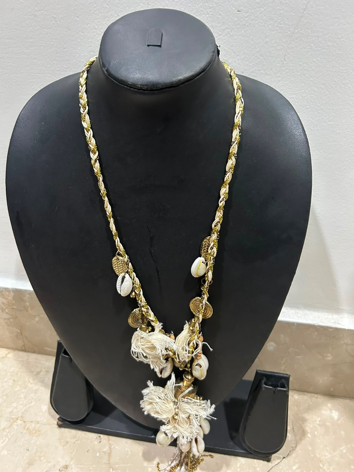 Ivory & Gold Braided Cord Cowrie Shells, White Tassels & Gold Coin Charms Necklace