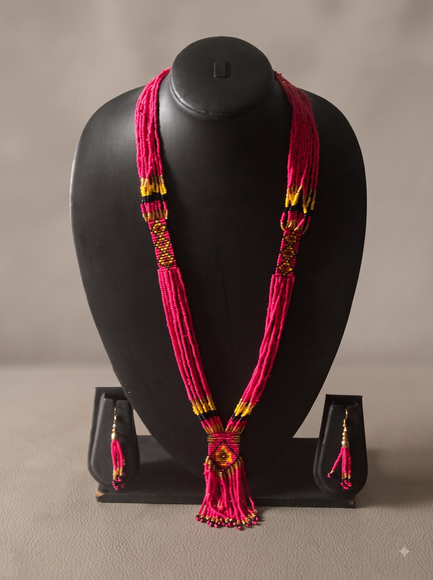 Pink and Multi-Color Hand Beaded Long Necklace Set