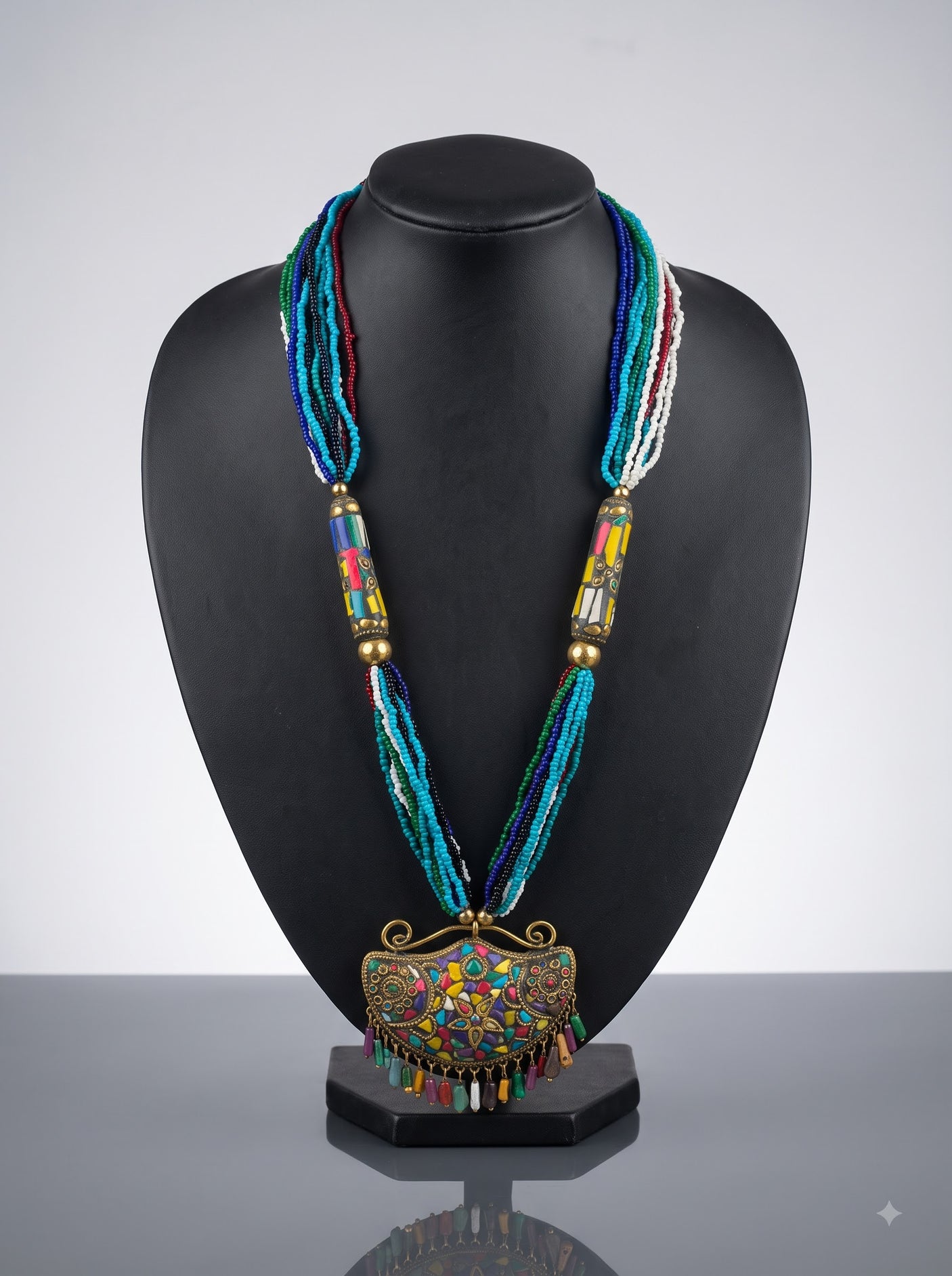 Boho Tibetan Mosaic Pendant Rainbow Seed Bead Statement Necklace