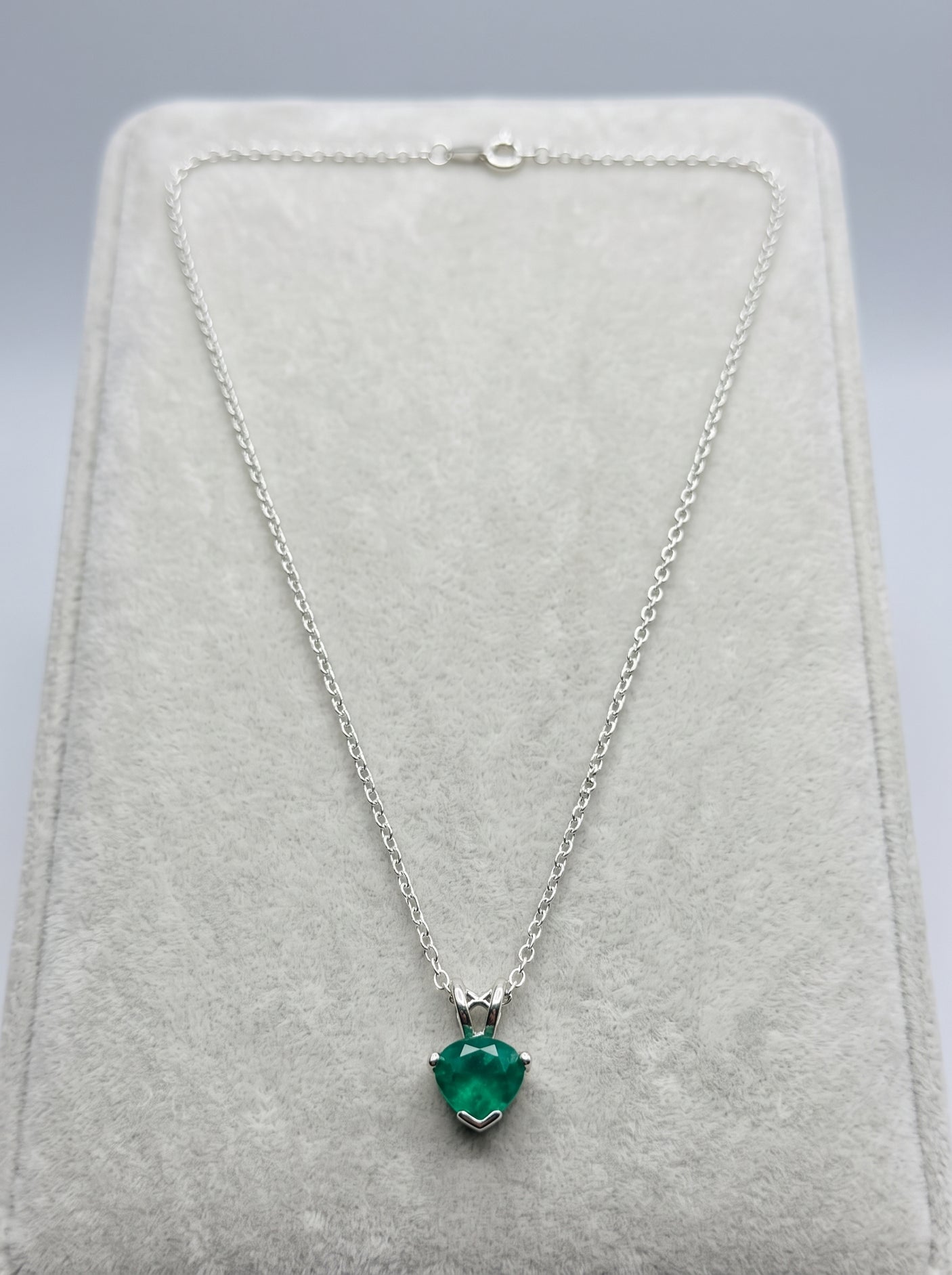 Emerald Green Heart Crystal Solitaire on Dainty Silver Chain Necklace