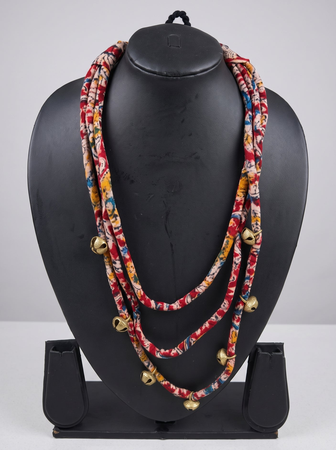 Kalamkari Fabric Cord 3 Layer Handmade Ghungroo Necklace Set