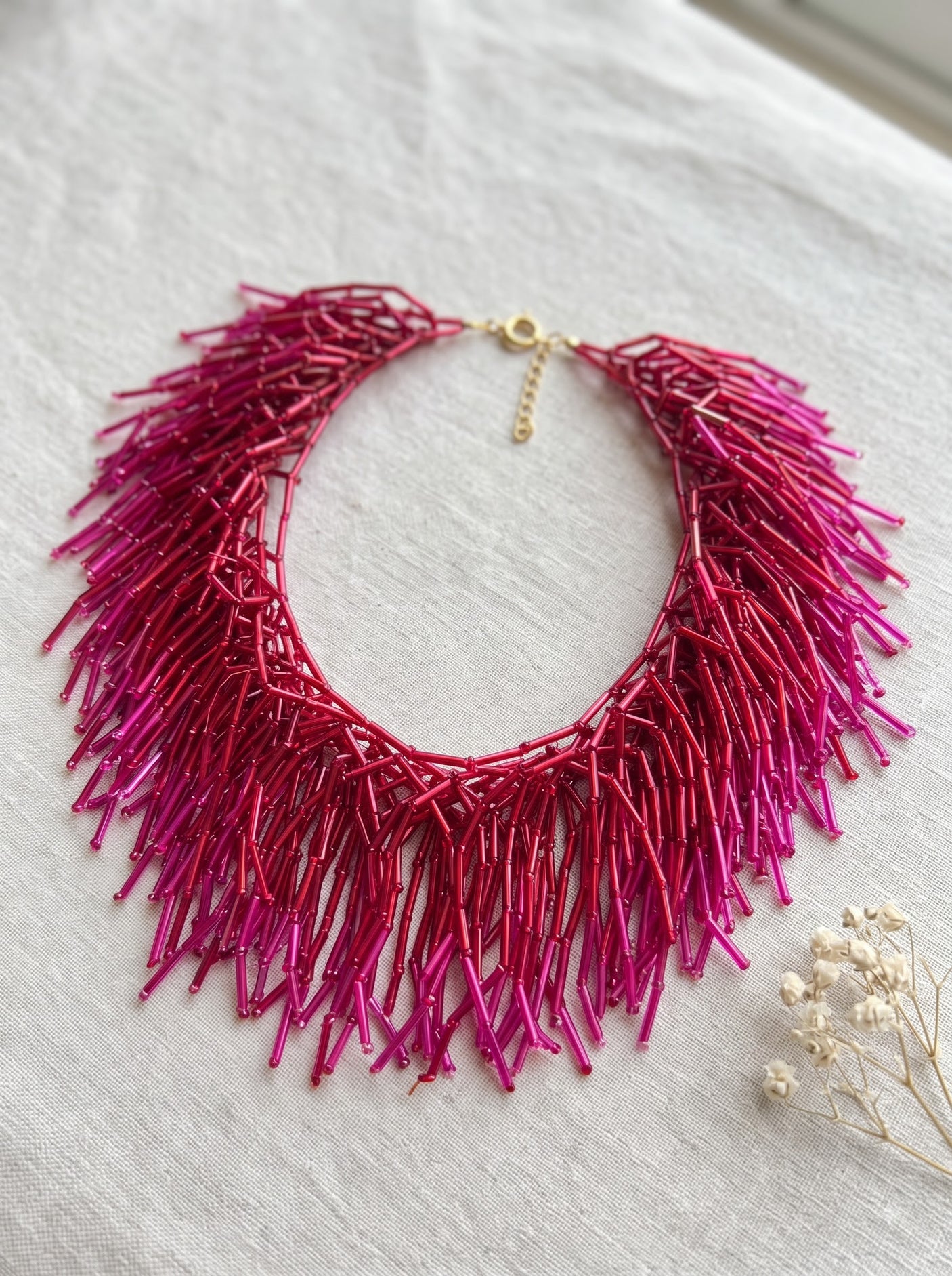 Hot Pink & Red Tube Bead Spike Fringe Collar Necklace on Gold Chain