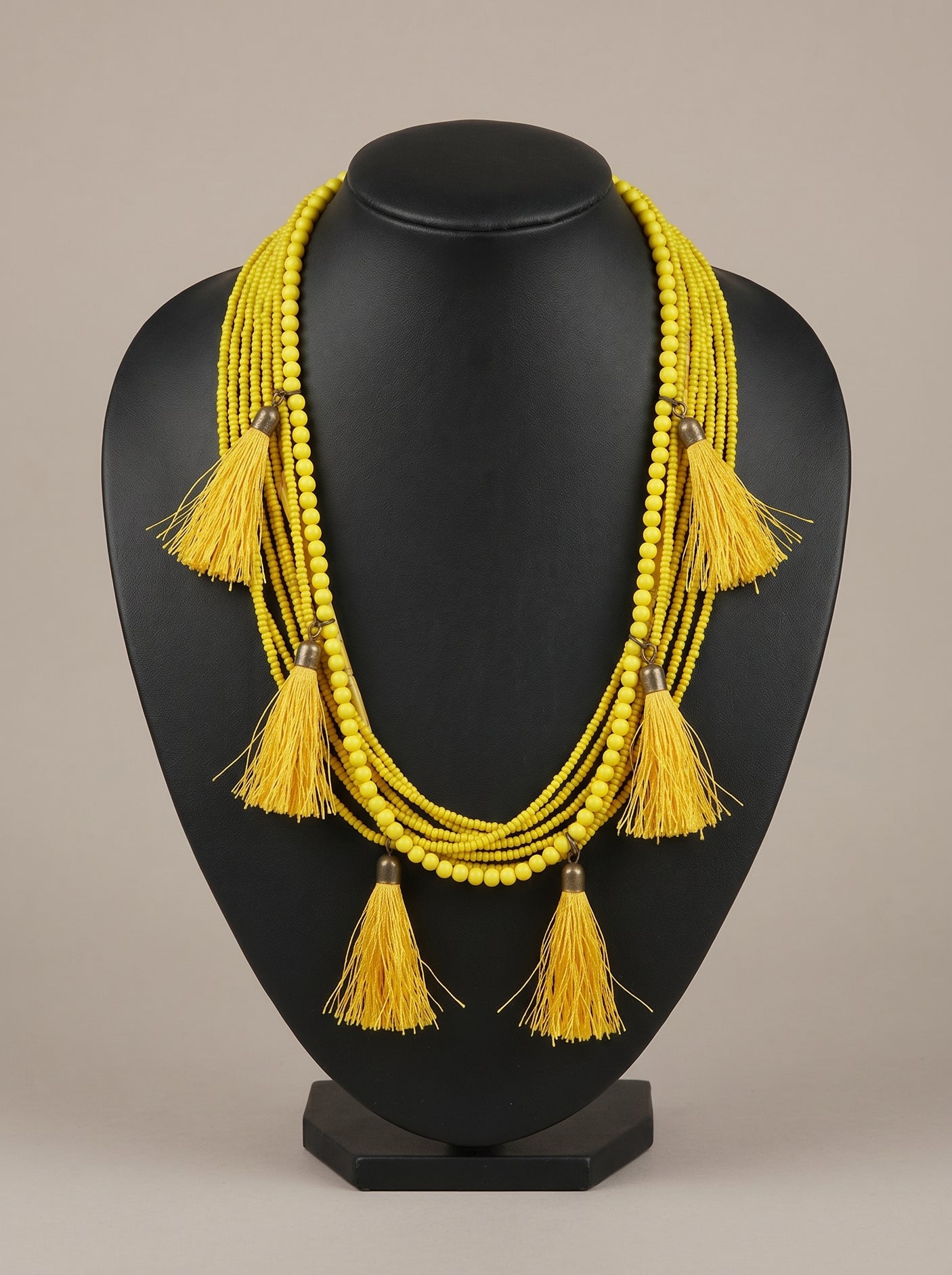 Yellow Beaded Multi-Layer Handmade Boho Necklace with Pom Pom Details