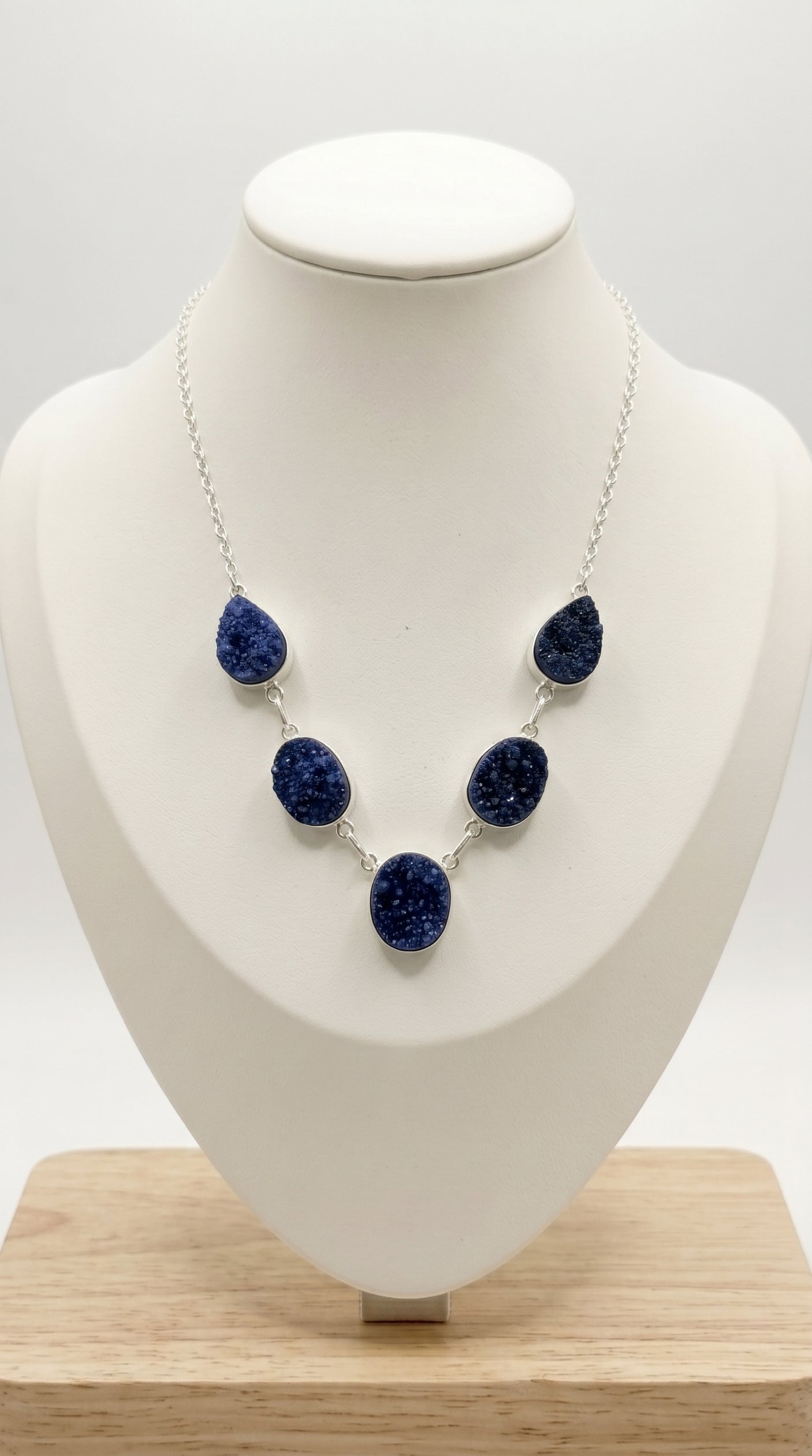 Blue Sugar Druzy Natural Gemstones Embedded Silver Chain Necklace