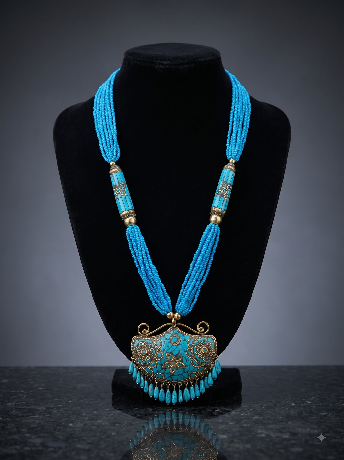 Boho Turquoise Tibetan Mosaic Crescent Pendant Statement Necklace