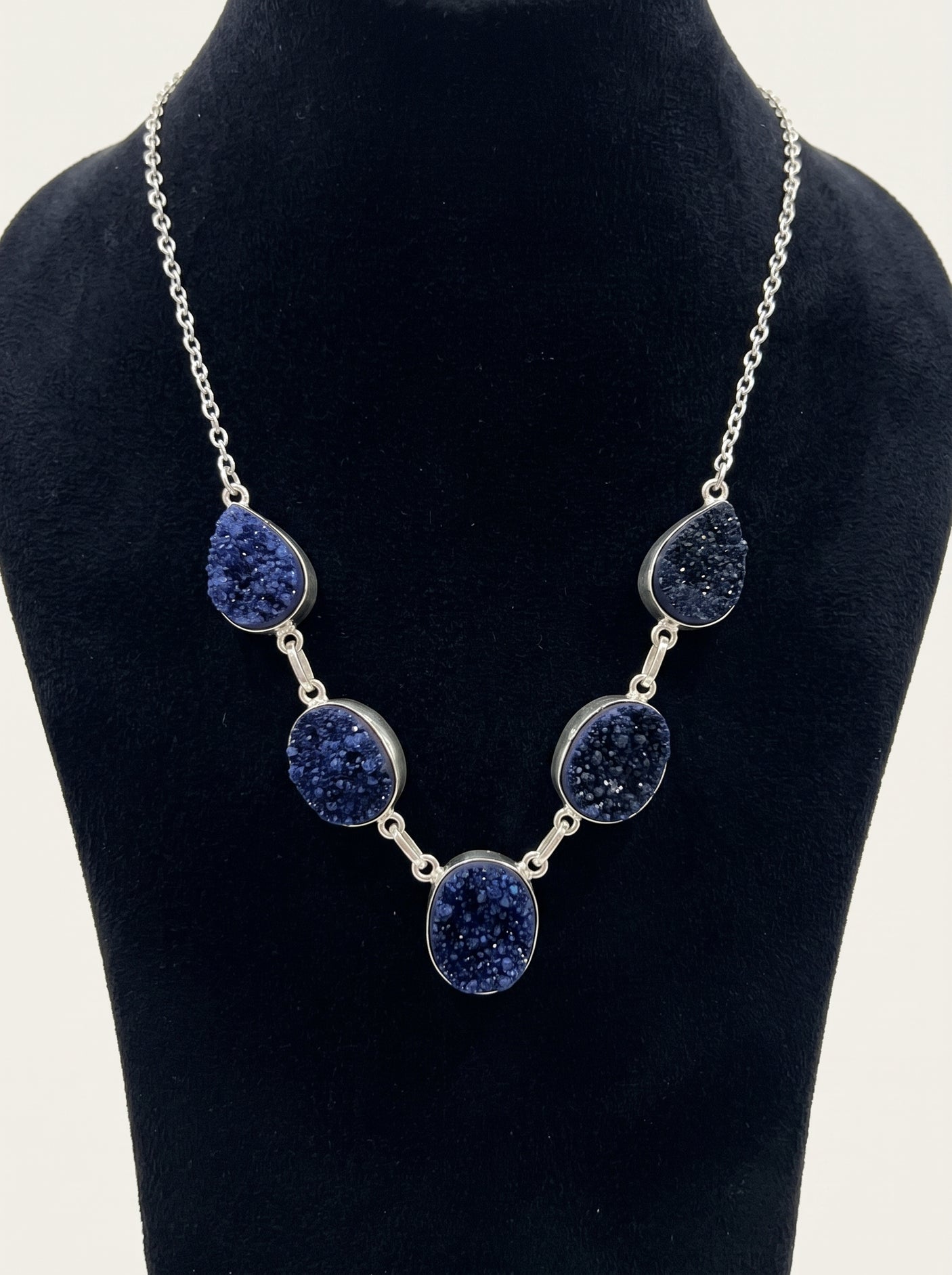 Blue Sugar Druzy Natural Gemstones Embedded Silver Chain Necklace