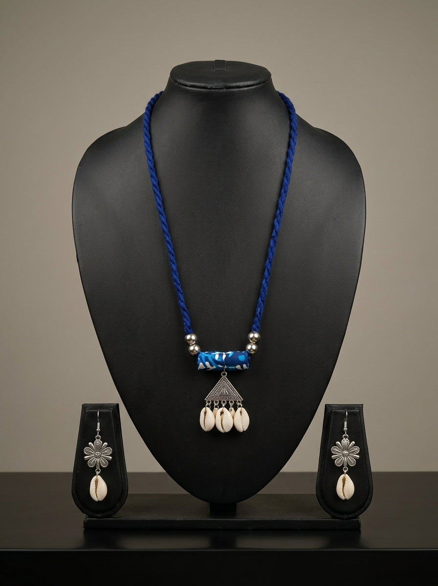 Blue Braided Cord Cowrie Shell Triangle Pendant Necklace Set