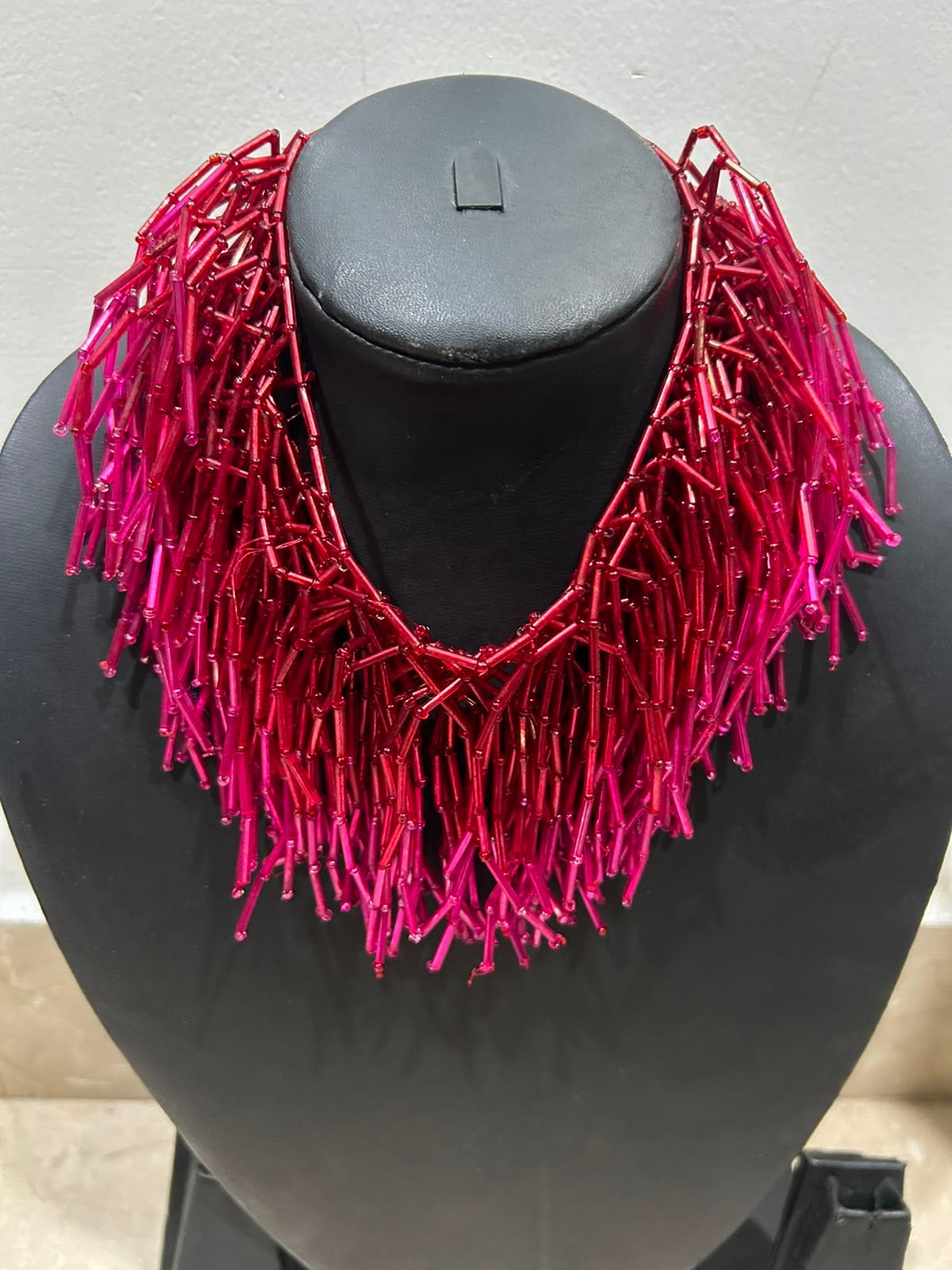 Hot Pink & Red Tube Bead Spike Fringe Collar Necklace on Gold Chain