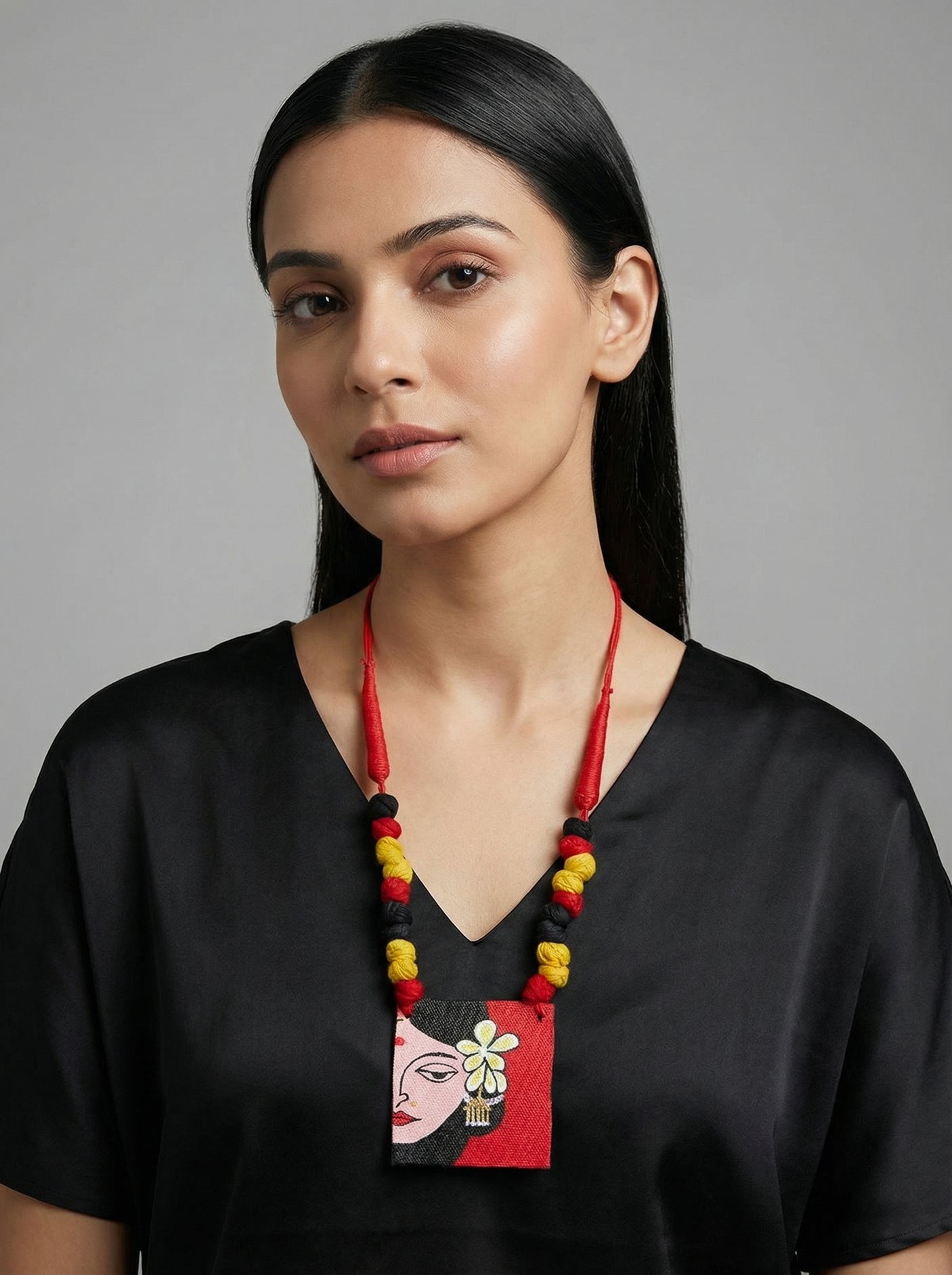 Folk Art Woman Portrait Fabric Hand Painted Necklace