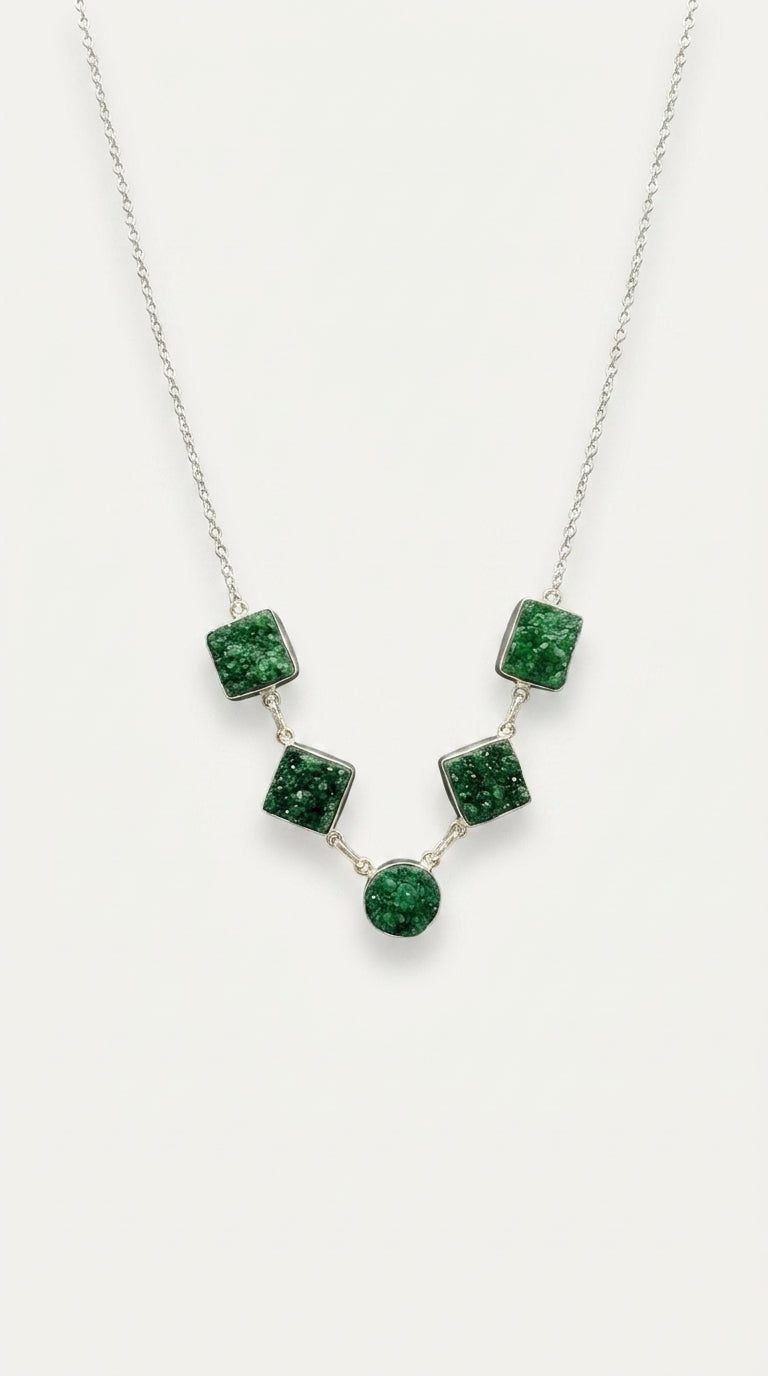 Green Sugar Druzy Natural Gemstones Embedded Silver Chain Necklace