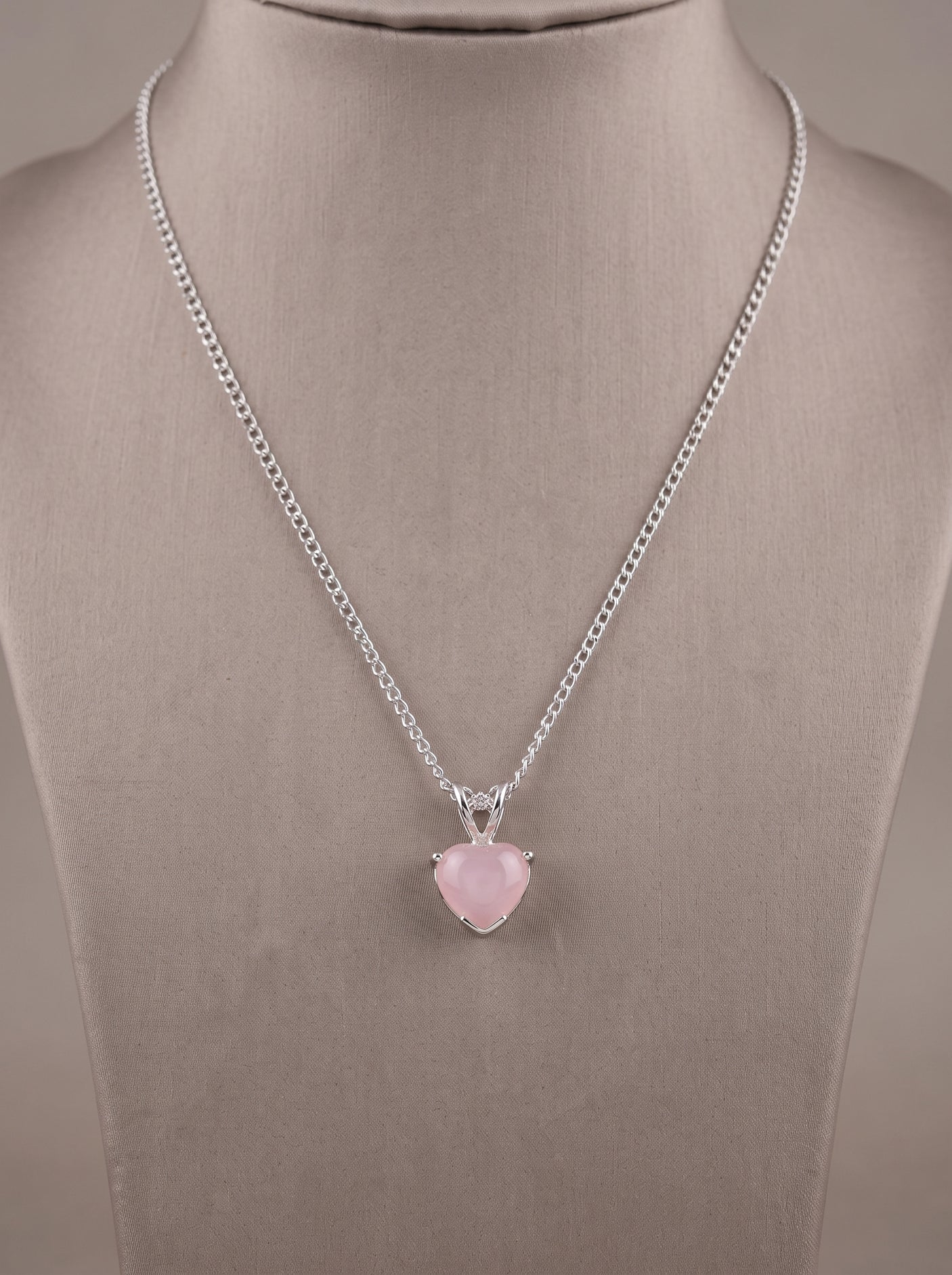 Blush Rose Quartz Heart Solitaire on Dainty Silver Chain Necklace