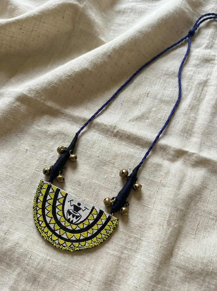 Warli Dancer Yellow Hand Painted Arch Pendant Necklace