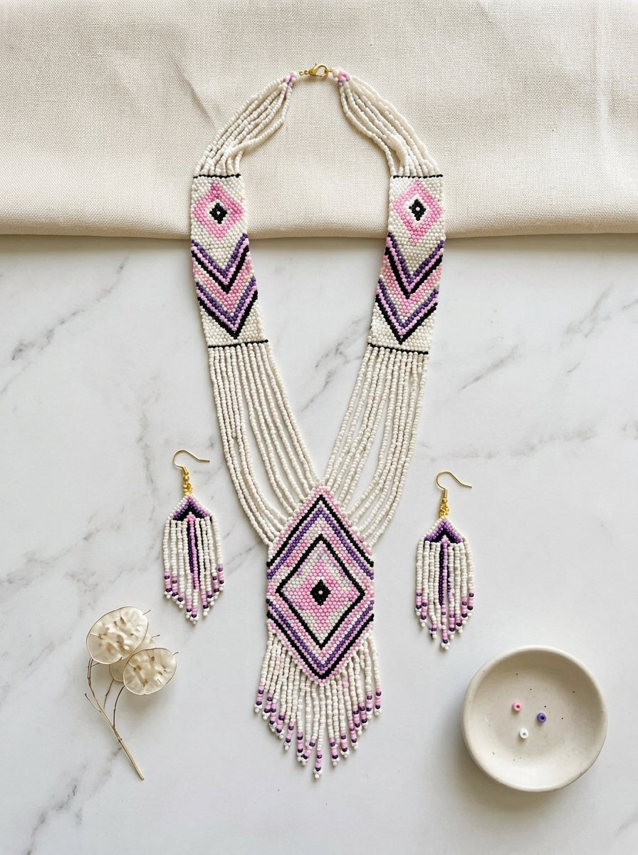 White and Blue Hand Beaded Long Necklace Set