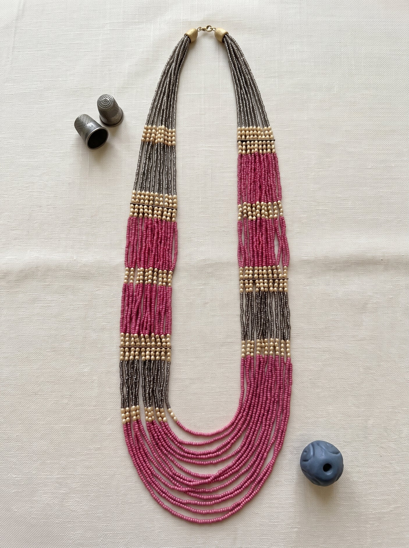 Pink, Grey and Gold Statement Hand Beaded Boho Long Necklace