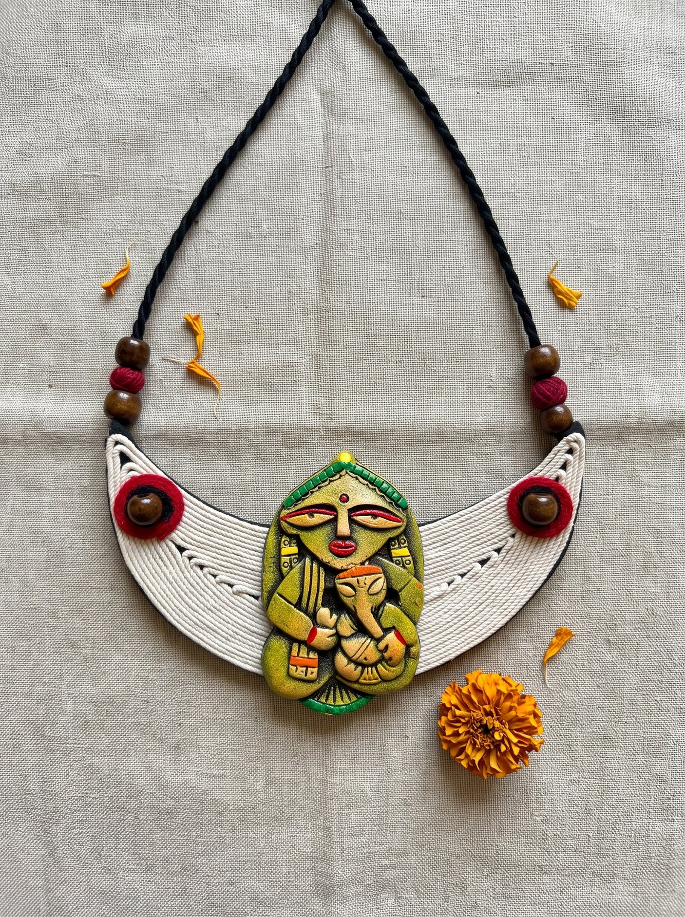 Hand-Painted Ganesha Macrame and Terracotta Clay Handmade Necklace