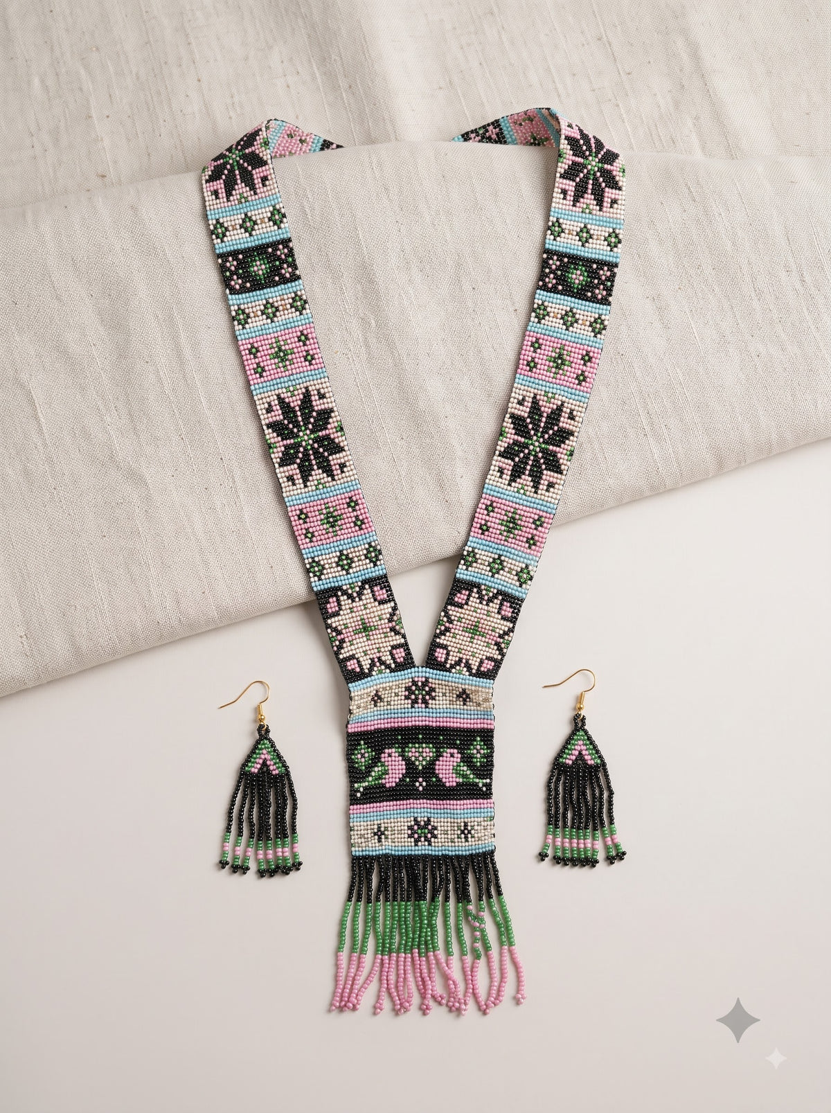 Multi-Color Bird Motif Hand Beaded Long Necklace Set