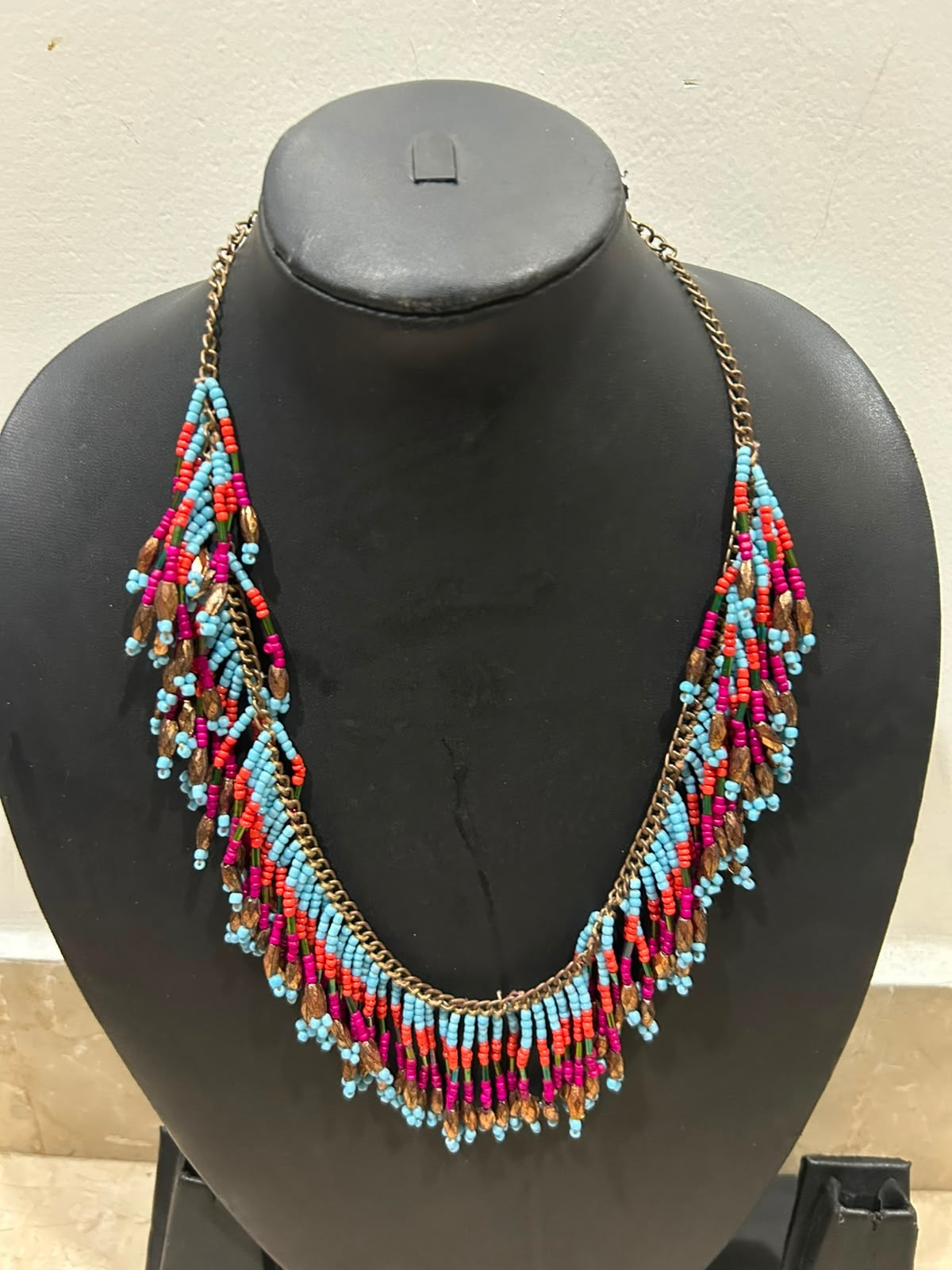 Turquoise Pink & Orange Chevron Seed Bead Fringe Bib Necklace on Antique Gold Chain