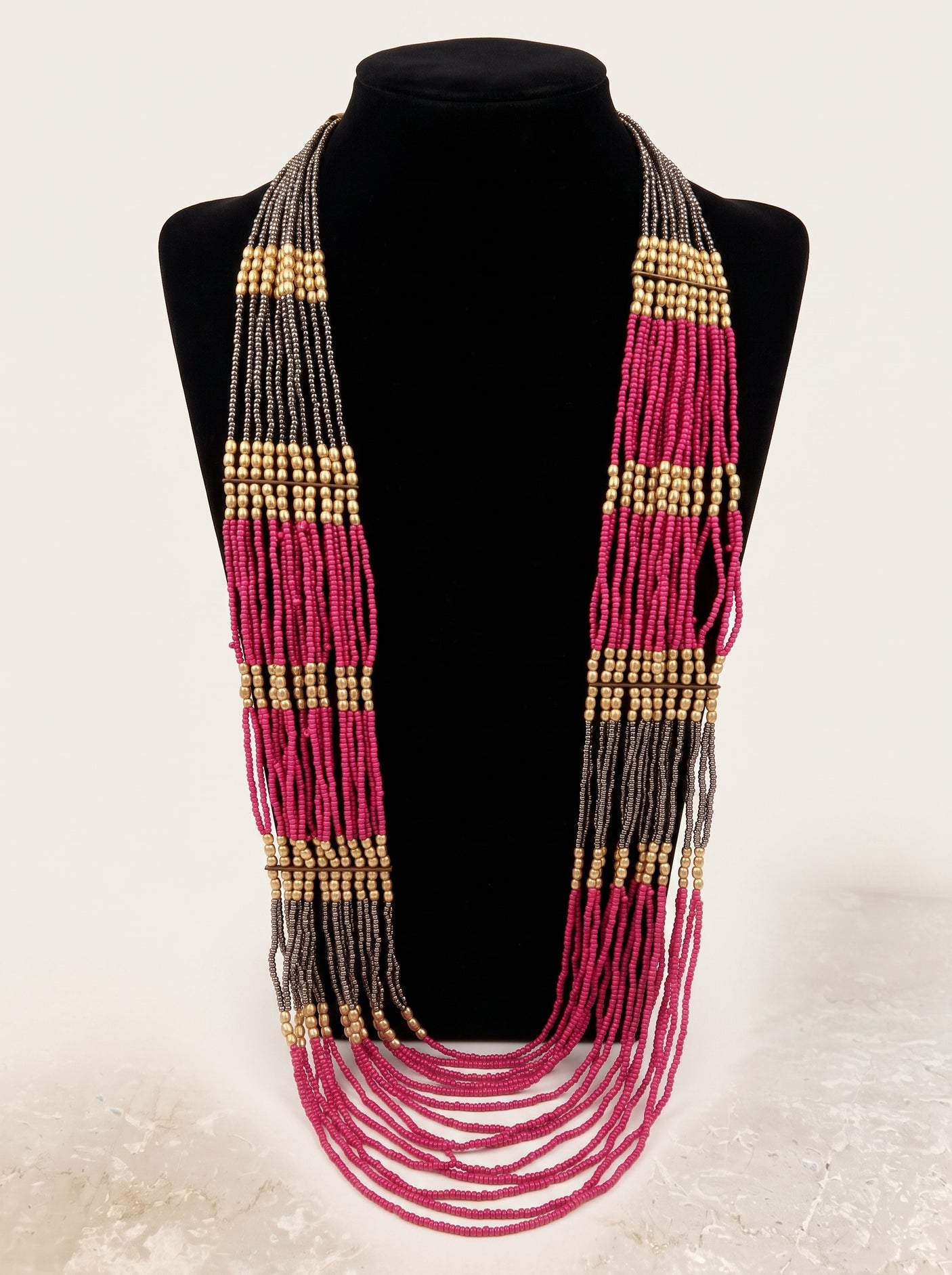 Pink, Grey and Gold Statement Hand Beaded Boho Long Necklace