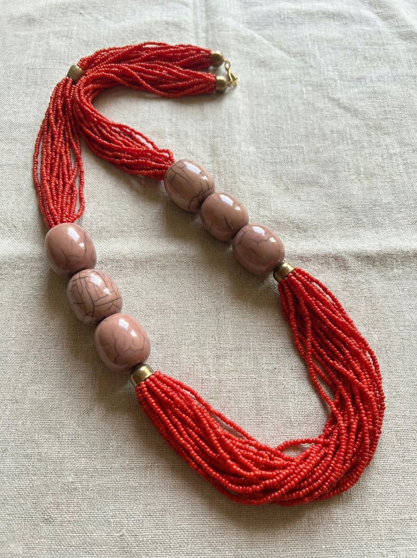 Multi-Strand Red Seed Bead Necklace with Oversized Crackle Beads