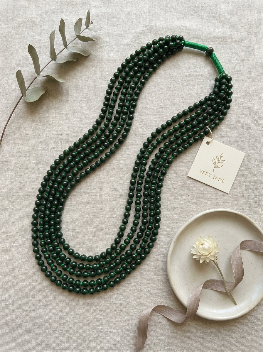 Multi Strand Green Round Glass Bead Long Opera Necklace